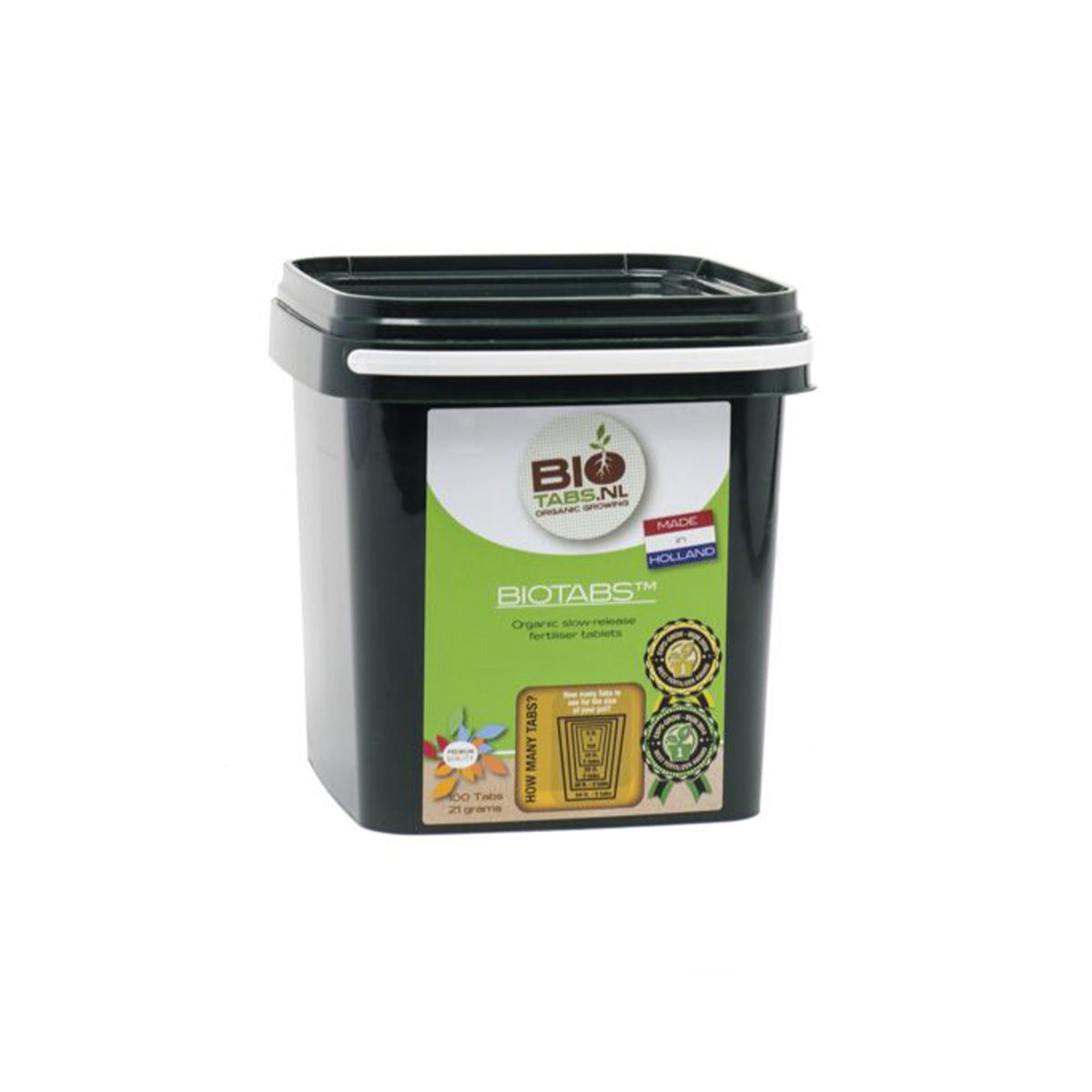 BioTabs Tabletten von der Marke BIO Tabs. Einhundert Stück Tabletten in einer rechteckigen Kunststoffbox auf einem weißen Hintergrund.