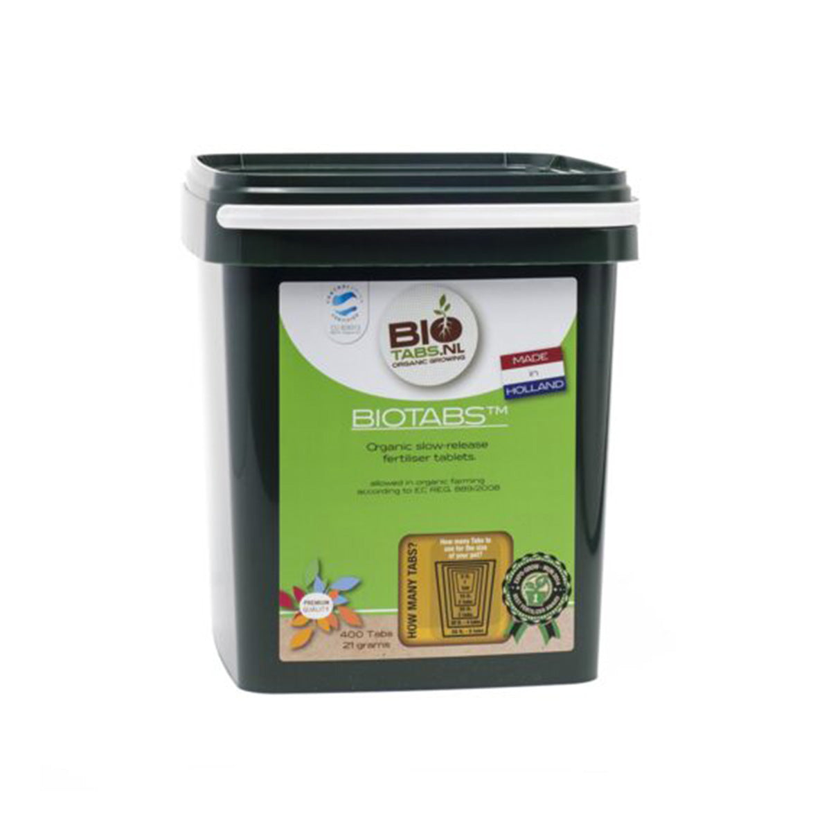 BioTabs Tabletten von der Marke BIO Tabs. Vierhundert Stück Tabletten in einer rechteckigen Kunststoffbox auf einem weißen Hintergrund.
