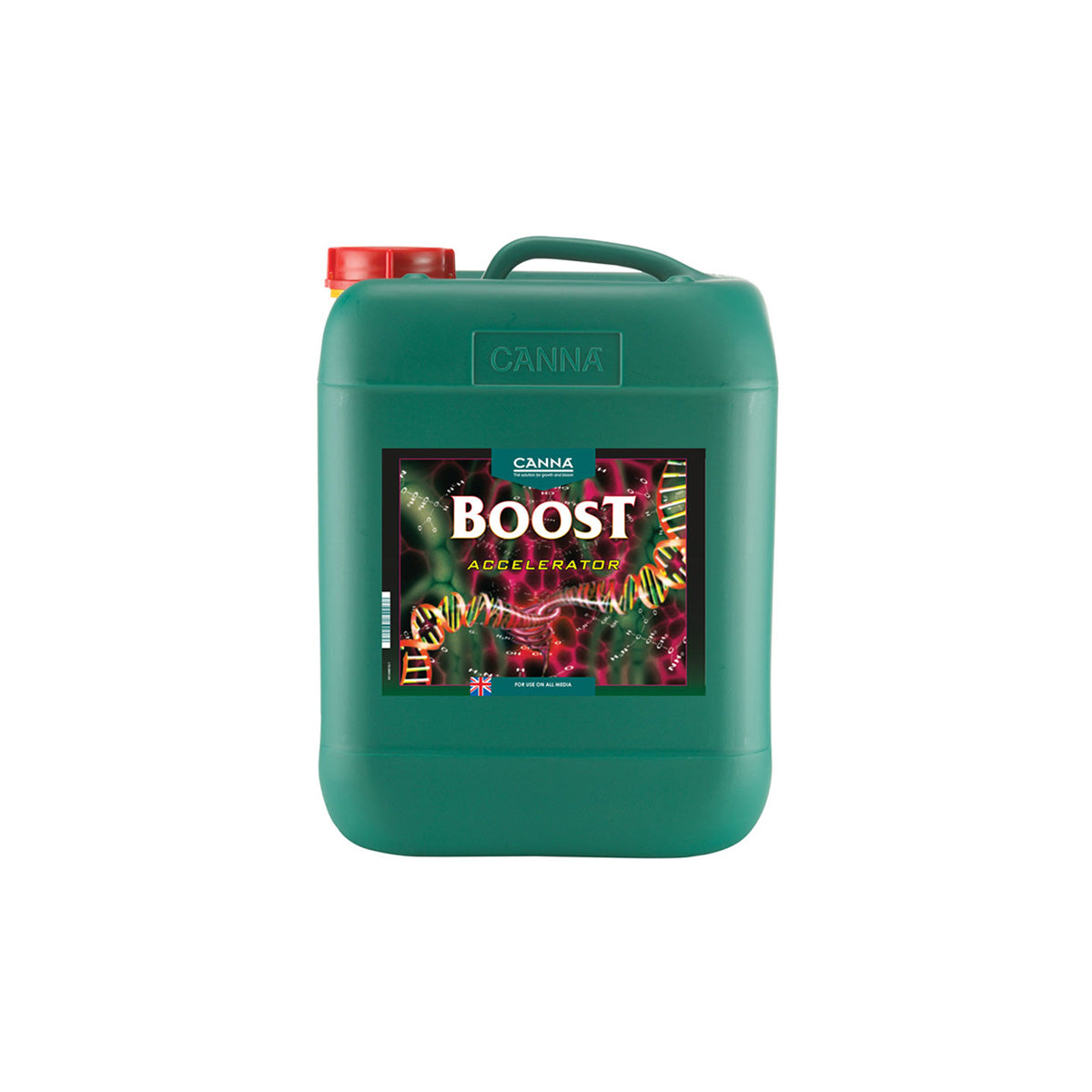 Pflanzenhilfsmittel Canna Boost von der Marke Canna in einem grünen Kunststoffkanister mit Etikett und rotem Schraubdeckel vor einem weißen Hintergrund.