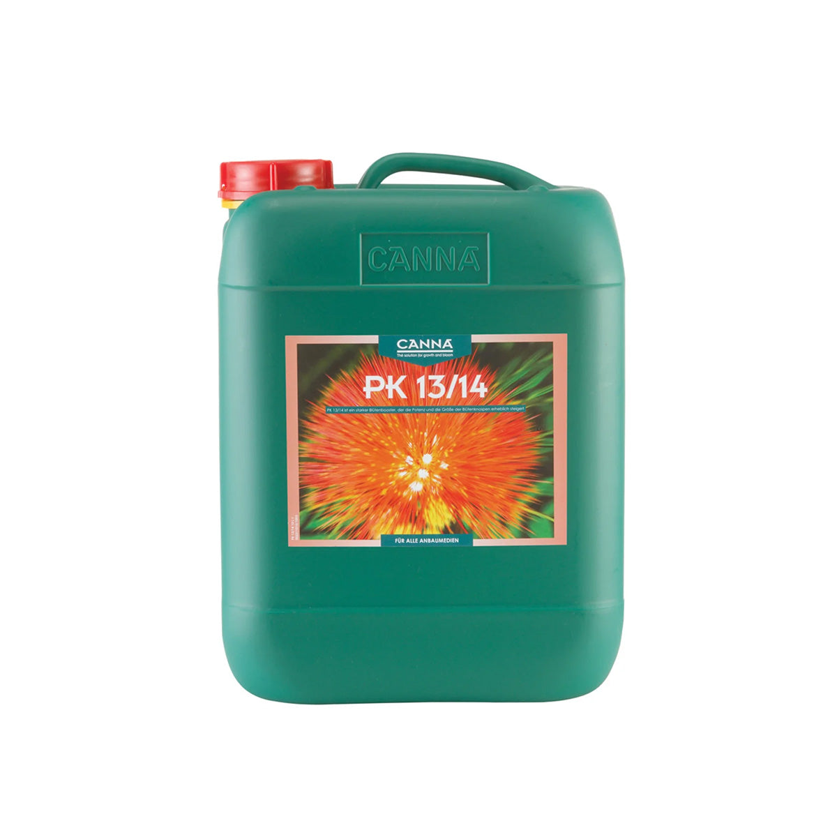 Pflanzenhilfsmittel Canna PK 13/14 von der Marke Canna in einem grünen Kunststoffkanister mit Etikett und rotem Schraubdeckel vor einem weißen Hintergrund.