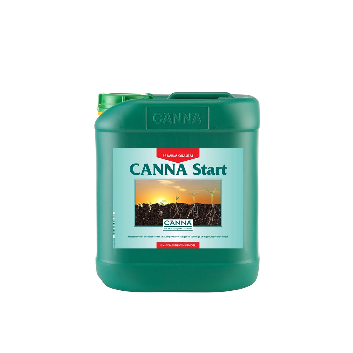 Pflanzenhilfsmittel Canna Start von der Marke Canna in einem grünen Kunststoffkanister mit Etikett und grünem Schraubdeckel vor einem weißen Hintergrund.