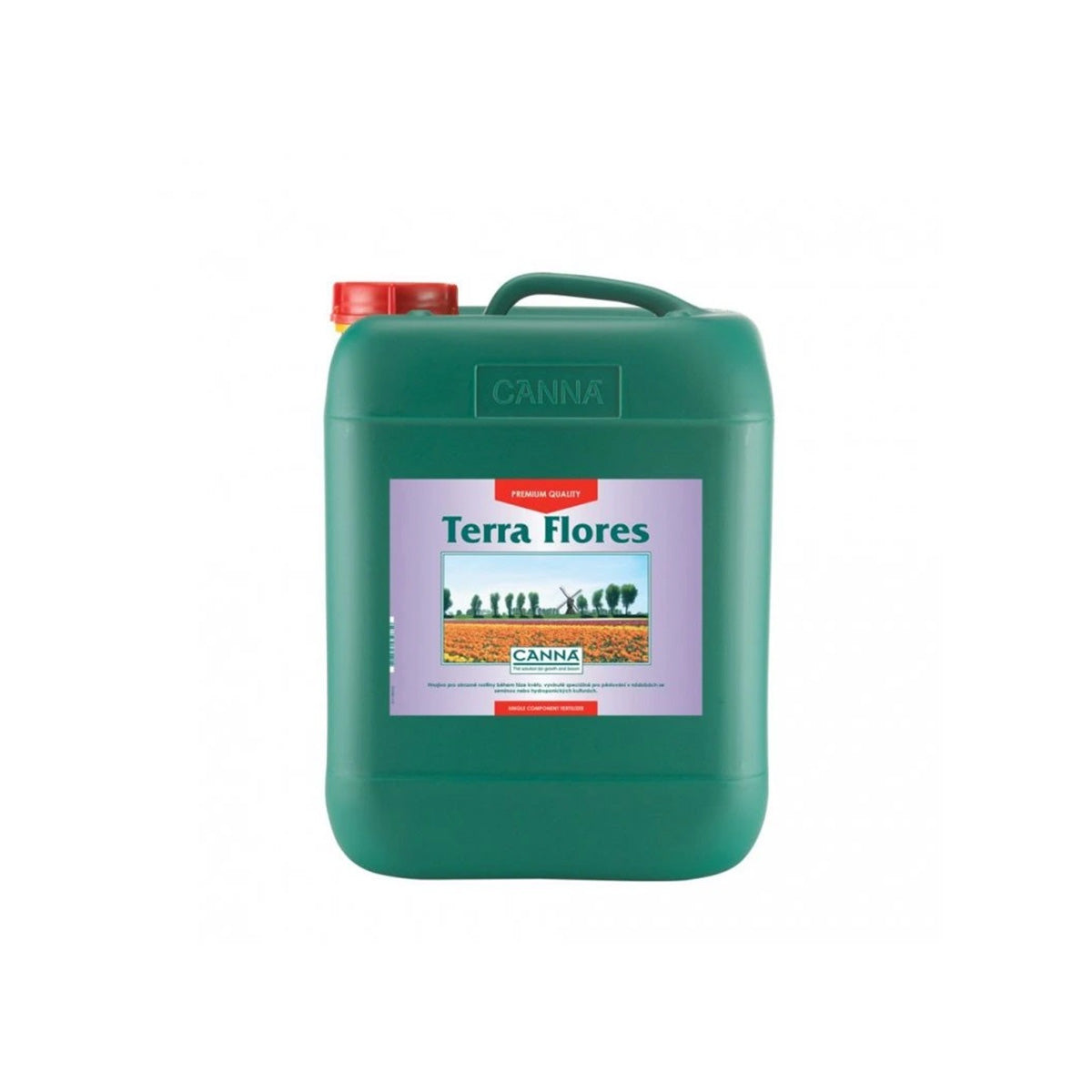 Canna Terra Flores Erde-Dünger von der Marke CANNA. Grüner Kunststoffbehälter mit rotem Deckel vor einem weißen Hintergrund.