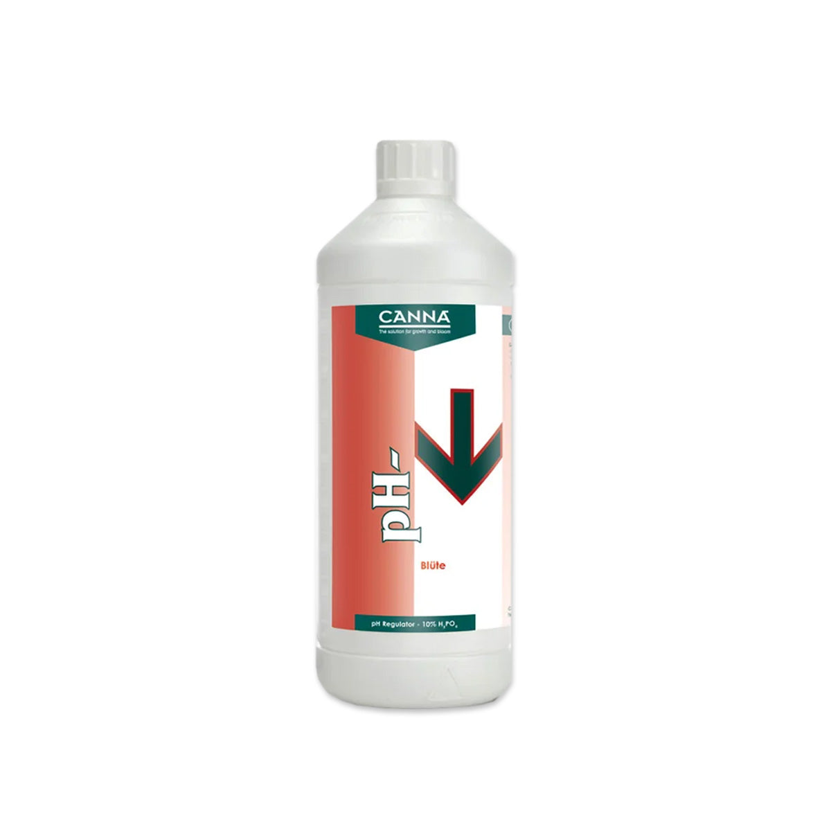 PH-Regulator „Canna pH- Blüte 1L“ für Pflanzen-Anzucht von der Marke Canna. Weiße Kunststoffflasche mit Etikett vor einem weißen Hintergrund.