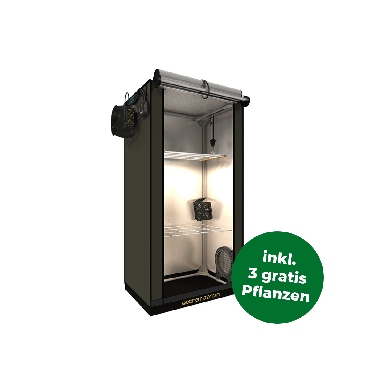 Growzelt Set von Secret Jardin. Offenes Growzelt mit Ventilatoren und Beleuchtung. Rechts daneben ist ein grüner Störer mit der Info dass es drei gratis Pflanzen zum Set gibt.