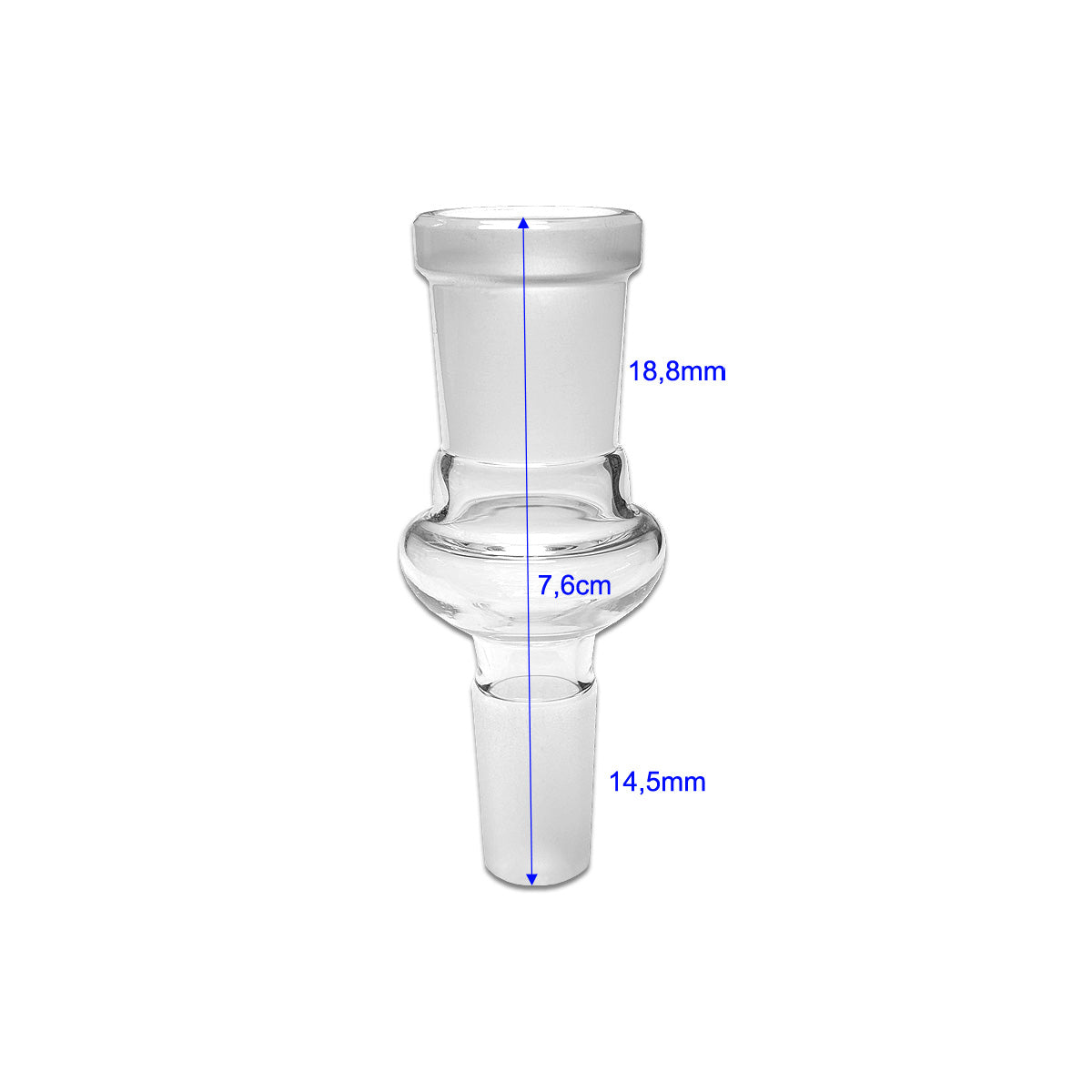 Bong Adapter aus Glas von der Marke Jelly Joker mit Informationen zu den Größenangaben auf einem weißen Hintergrund.