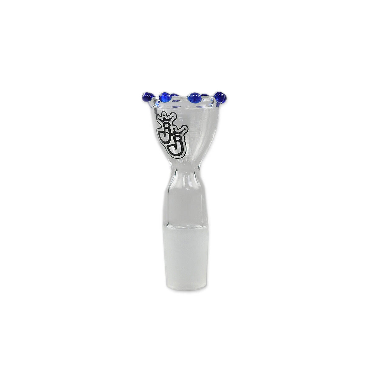 Kronenkopf für Bongs von der Marke Jelly Joker aus Glas und transparent mit blauen Elementen oben. Das Produkt steht vor einem weißen Hintergrund.