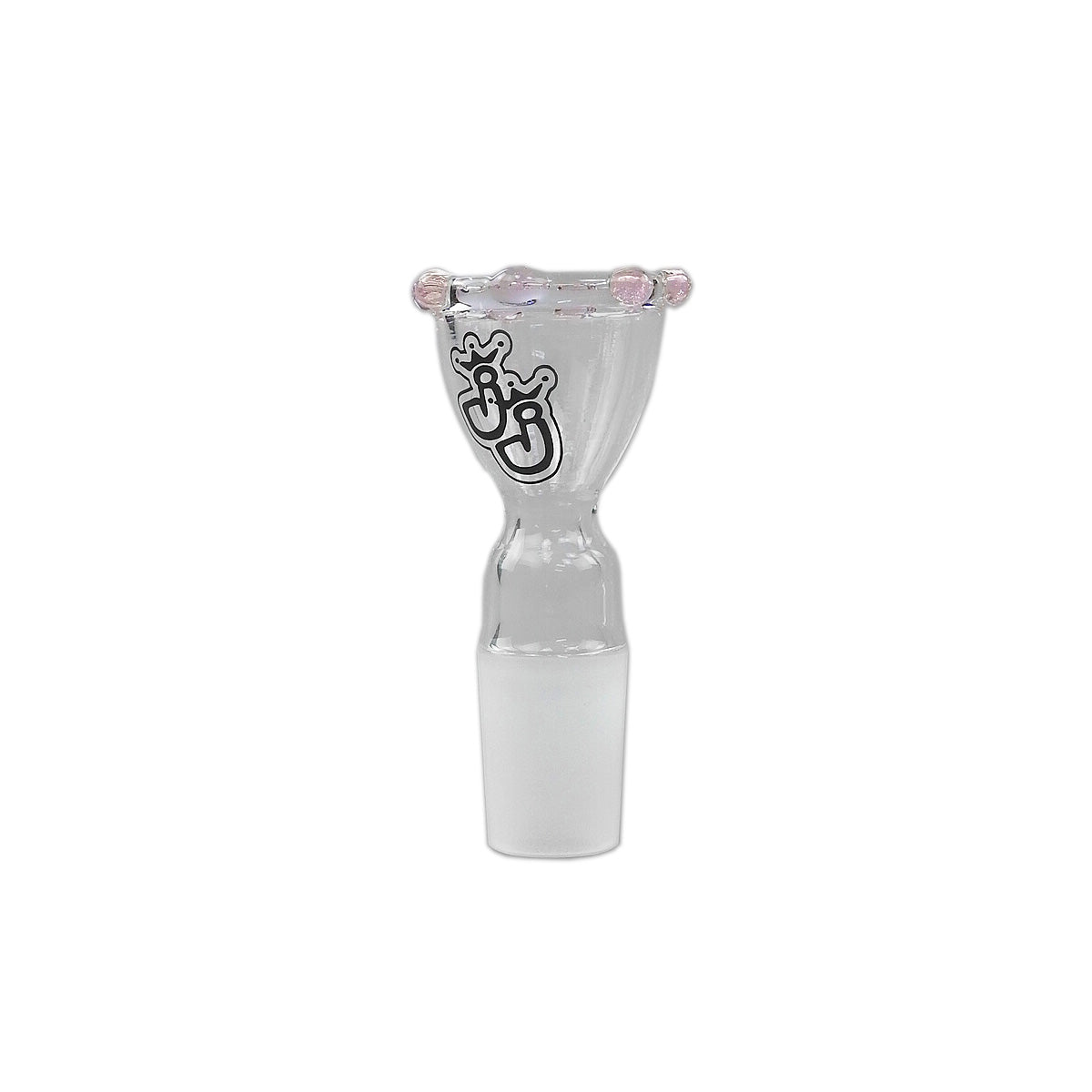 Kronenkopf für die Bong. Praktisches Zubehör aus Borosilikatglas, transparent mit pinken Elementen. Auf dem Bong Kopf ist das Logo von Jelly Joker in schwarz darauf geprintet. Der Hintergrund ist weiß.