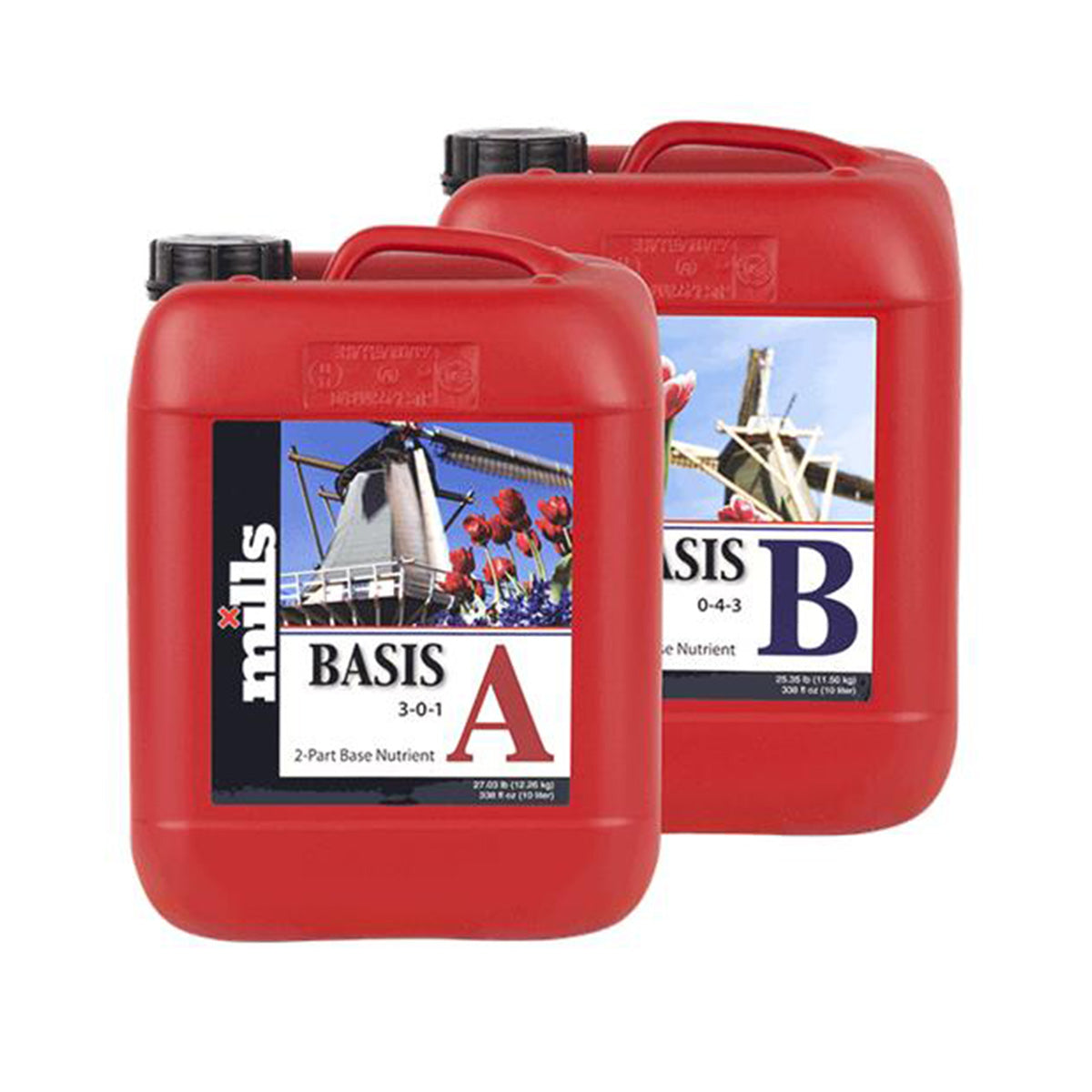 Mills Basis A und B Kombinationsdünger. Zwei rote zehn Liter Kanister mit schwarzen Deckeln auf einem weißen Hintergrund.