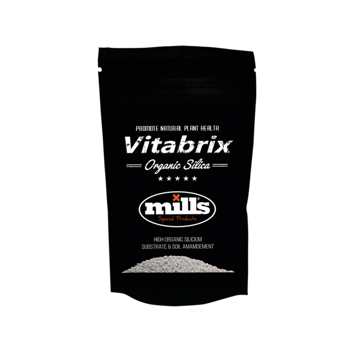 Produkt Vitabrix Pflanzenhilfsmittel von der Marke Mills in einem dreihundert Gramm Päckchen in schwarzer Farbe vor einem weißen Hintergrund.