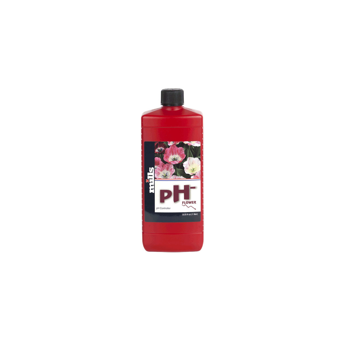 PH-Regulator „Mills pH- Blüte 1L“ für Pflanzen-Anzucht von der Marke Mills. Rote Kunststoffflasche mit Etikett und schwarzem Deckel vor einem weißen Hintergrund.