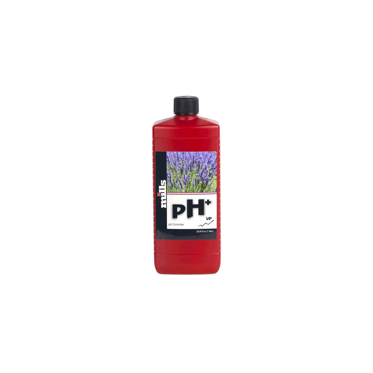 PH-Regulator „Mills pH+ 1L“ für Pflanzen-Anzucht von der Marke Mills. Rote Kunststoffflasche mit Etikett und schwarzem Deckel vor einem weißen Hintergrund.
