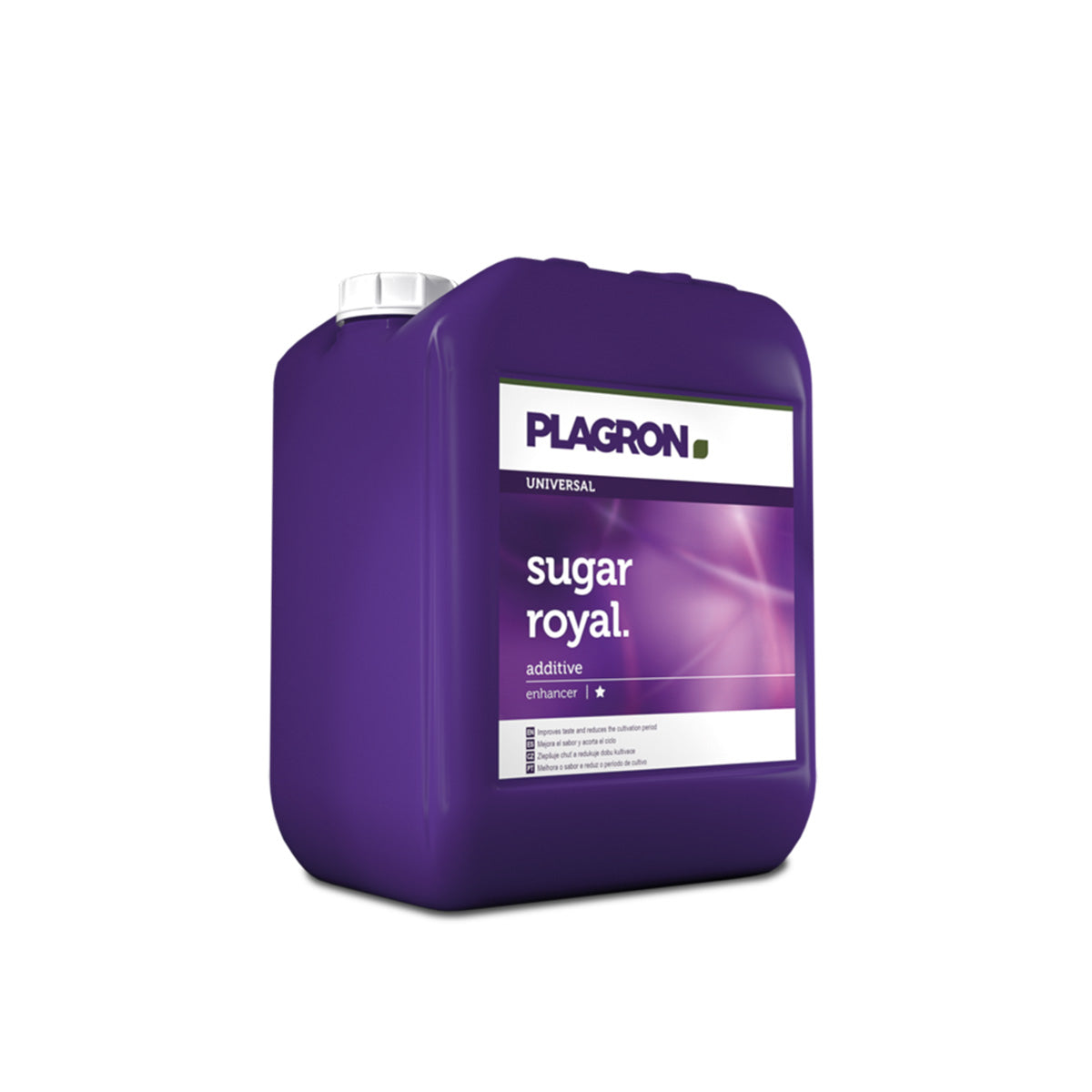 Pflanzenhilfsmittel Sugar Royal von der Marke Plagron in einem fünf Liter Kunststoffbehälter in der Farbe lila und mit einem Etikett versehen vor einem weißen Hintergrund.