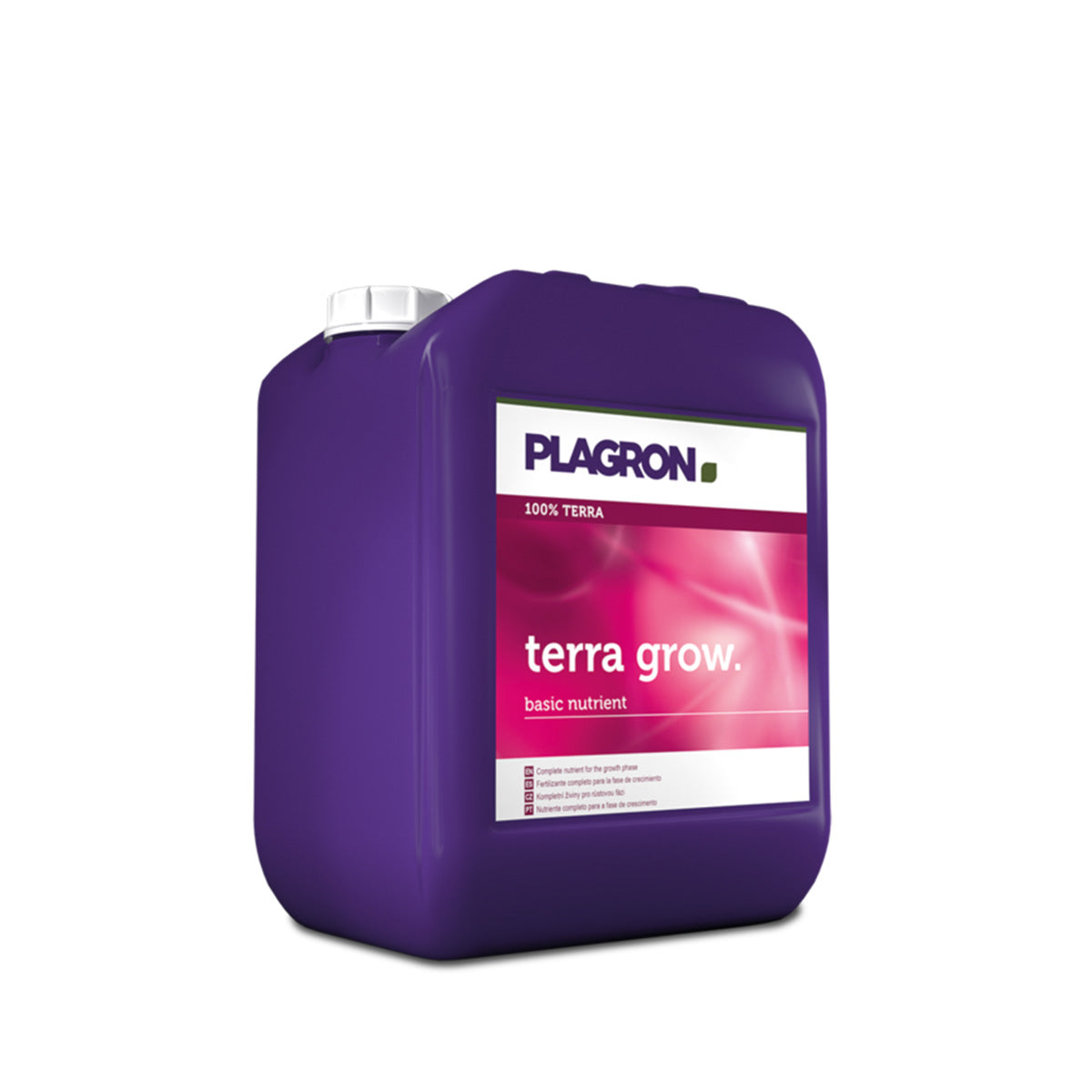 Ein Produktfoto von Terra Grow von der Marke Plagron. Ein lila Kunststoffbehälter mit einem weißen Deckel, einem rechteckigen Etikett vor einem weißen Hintergrund.