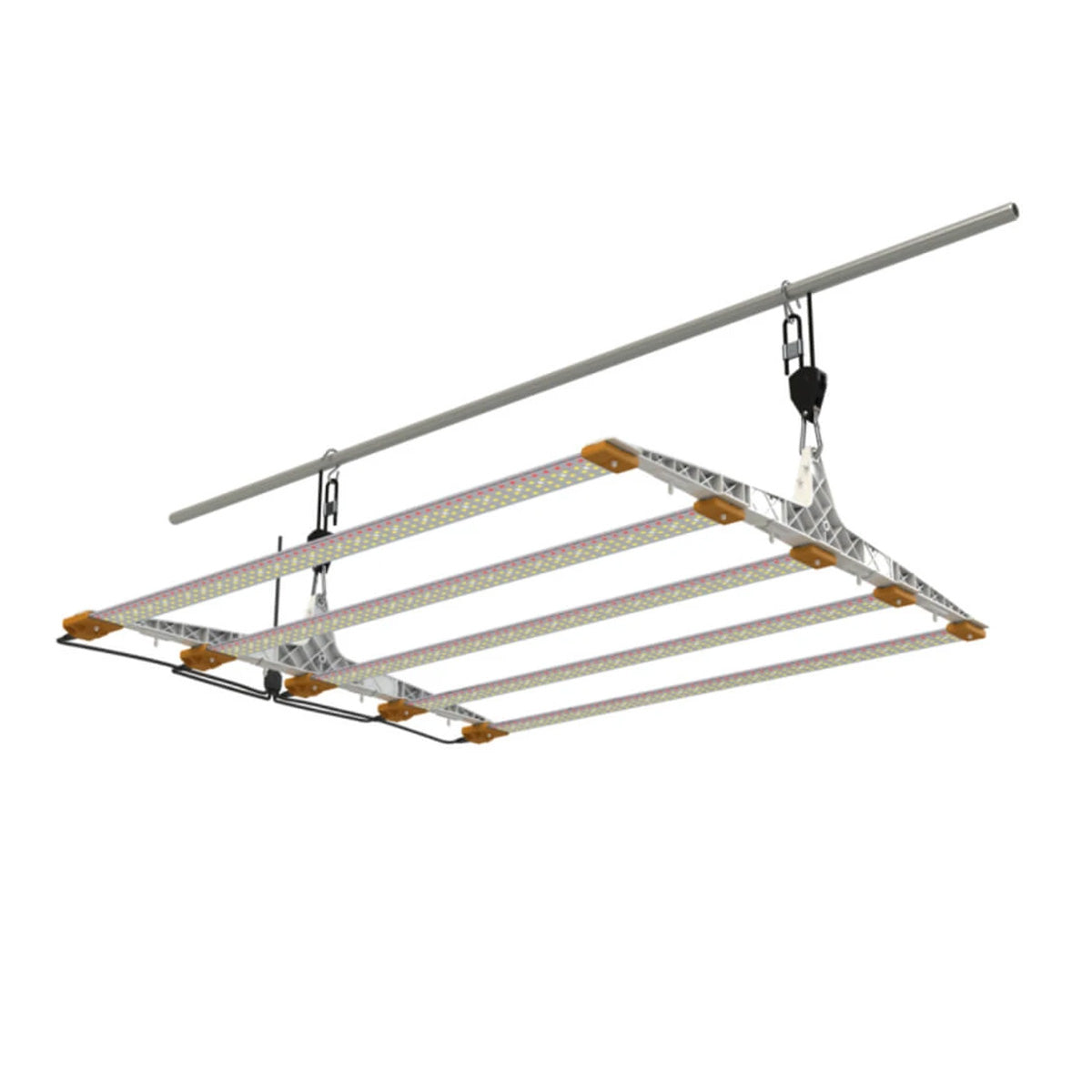 Secret Jardin Cosmorrow 200W Full Spectrum Kit für Growing. LED Lampe mit Aufhängung und fünf LED-Lichterleisten auf einem weißen Hintergrund.