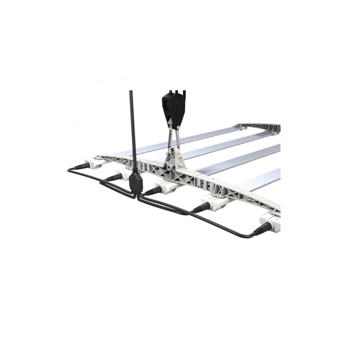 Netzteil mit Aufhängung von Secret Jardin Cosmorrow mit einem schwarzen Netzteil und fünf Anschlüssen, das Produkt ist auf einem weißen Hintergrund.