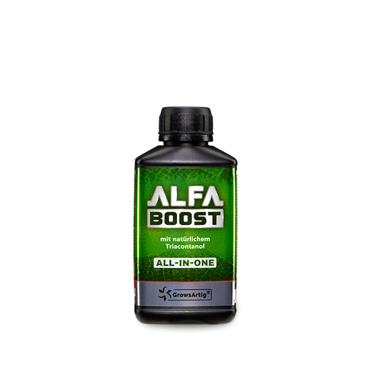 Alfa Boost Pflanzenhilfsmittel von der Marke Growsartig in einer schwarzen Kunststoffflasche mit schwarzem Deckel und grünem Etikett vor einem weißen Hintergrund.