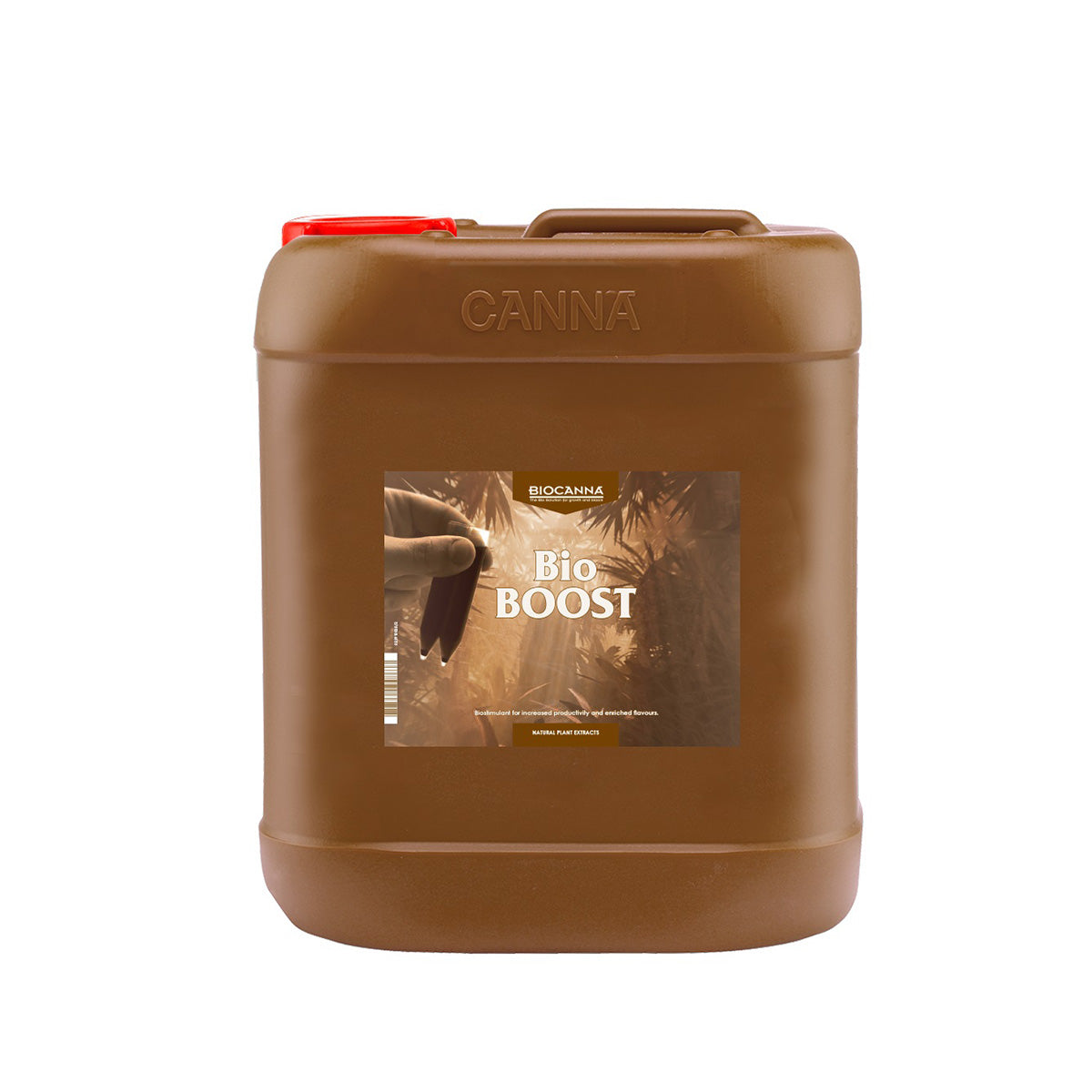 BIOCANNA Bio Boost Bio-Dünger von der Marke BIOCANNA. Das Produkt ist in einem braunen Kunststoffbehälter vor einem weißen Hintergrund.