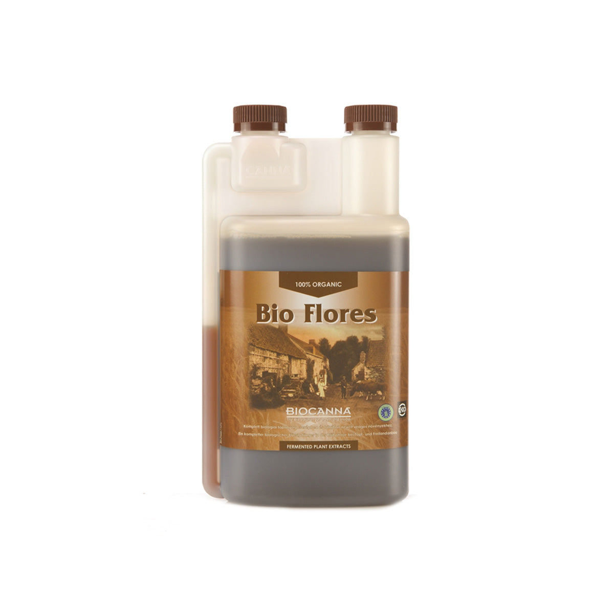 BIOCANNA Bio Flores Bio-Dünger von der Marke BIOCANNA. Das Produkt ist in einem milchig-transparenten Kunststoffbehälter vor einem weißen Hintergrund.