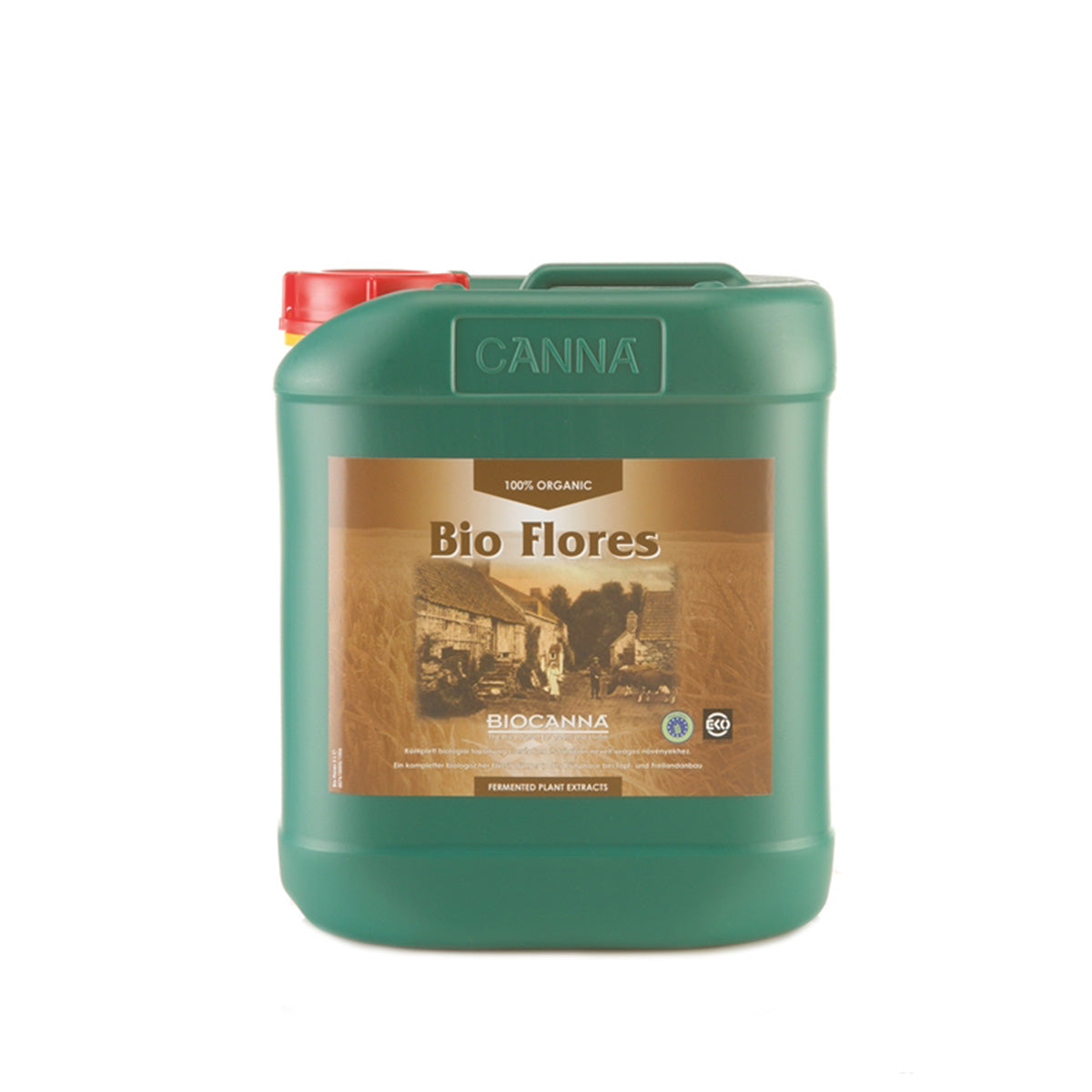 BIOCANNA Bio Flores Bio-Dünger von der Marke BIOCANNA. Das Produkt ist in einem grünen Kunststoffbehälter vor einem weißen Hintergrund.