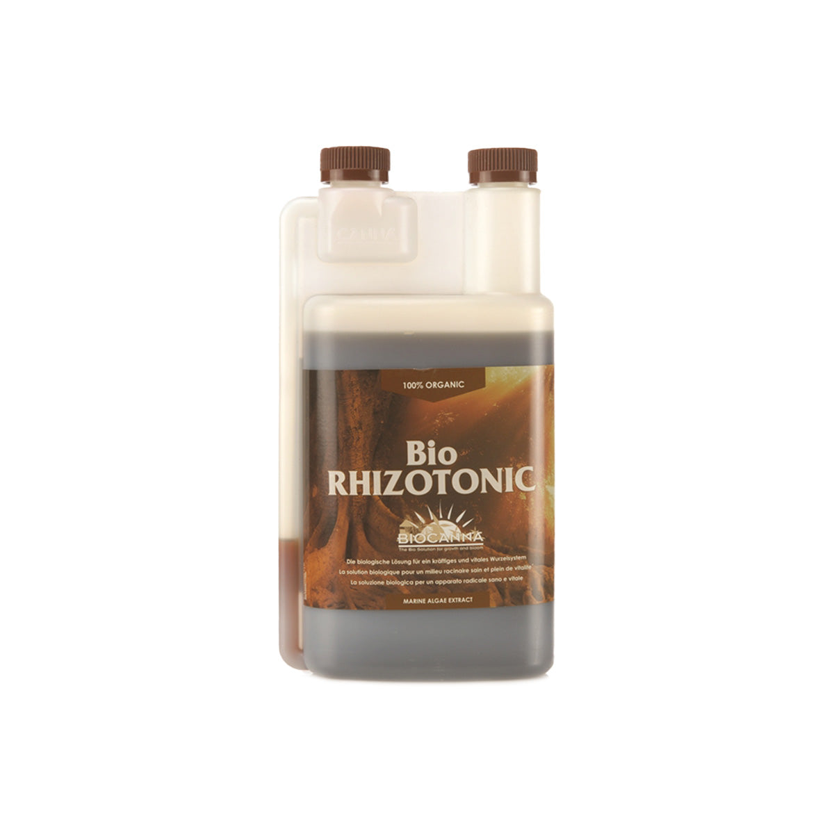 BIOCANNA Bio Rhizotonic Bio-Dünger von der Marke BIOCANNA. Das Produkt ist in einem milchig-transparenten Kunststoffbehälter vor einem weißen Hintergrund.