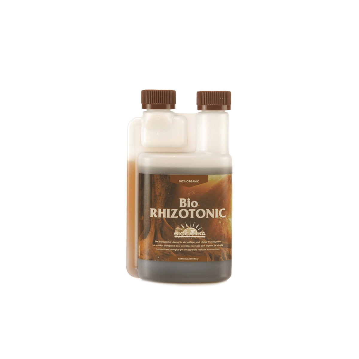 BIOCANNA Bio Rhizotonic Bio-Dünger von der Marke BIOCANNA. Das Produkt ist in einem milchig-transparenten Kunststoffbehälter vor einem weißen Hintergrund.