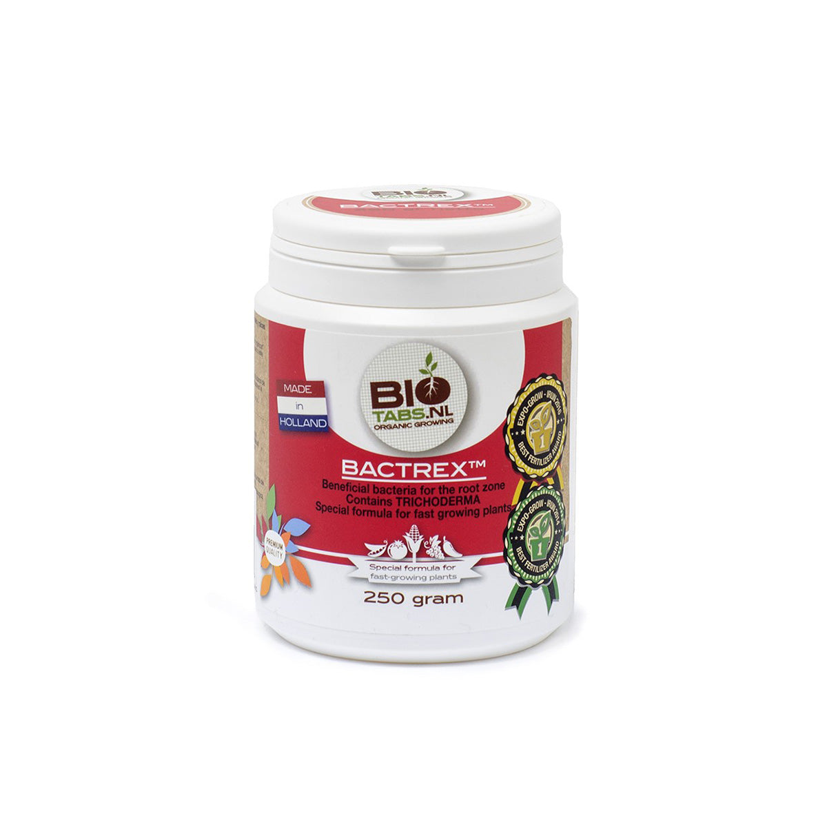 Bactrex von der Marke BIO Tabs in einer Kunststoffdose mit der Menge zweihundertfünfzig Gramm vor einem weißen Hintergrund.