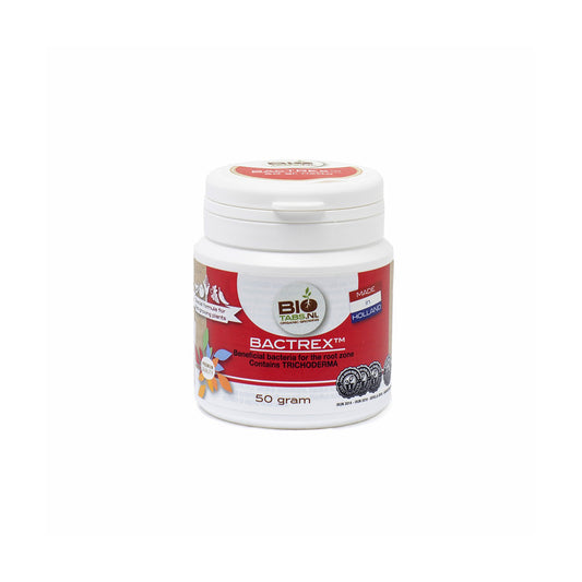 Bactrex von der Marke BIO Tabs in einer Kunststoffdose mit der Menge fünfzig Gramm vor einem weißen Hintergrund.