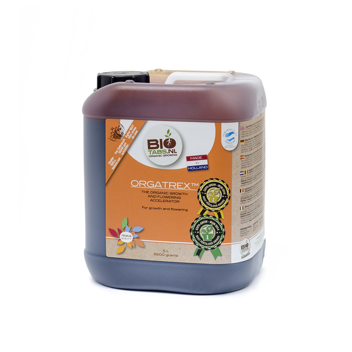 Orgatrex von der Marke BIO Tabs in einem milchig-transparenten Kunststoffbehälter vor einem weißen Hintergrund.