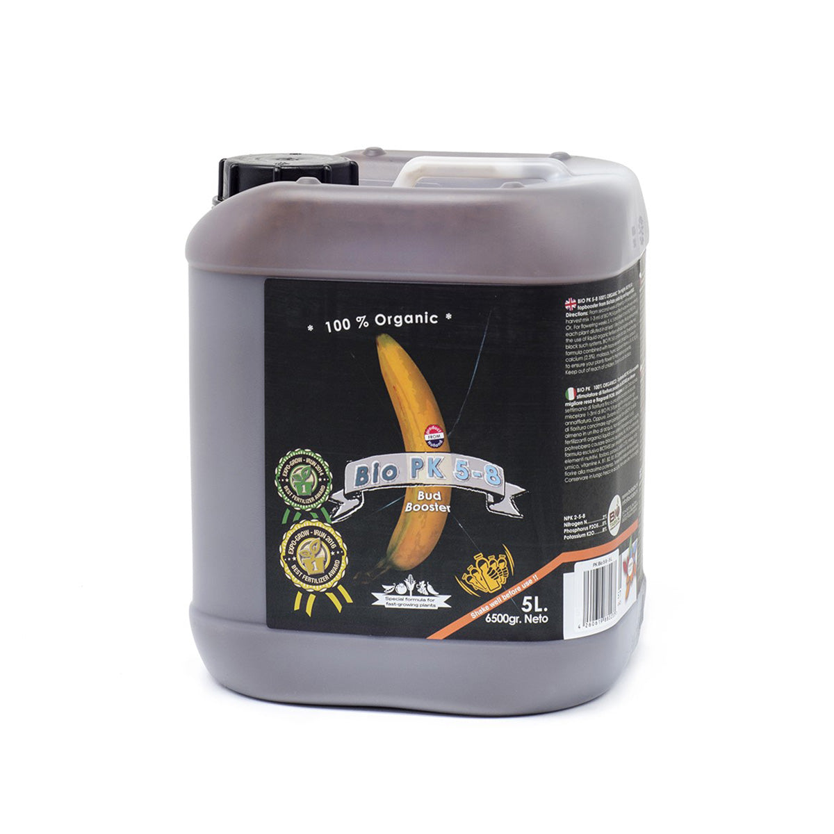 Biotabs Bio PK 5-8 Bio-Dünger von der Marke BIO Tabs. Produkt in einem milchig transparenten Behälter vor einem weißen Hintergrund.