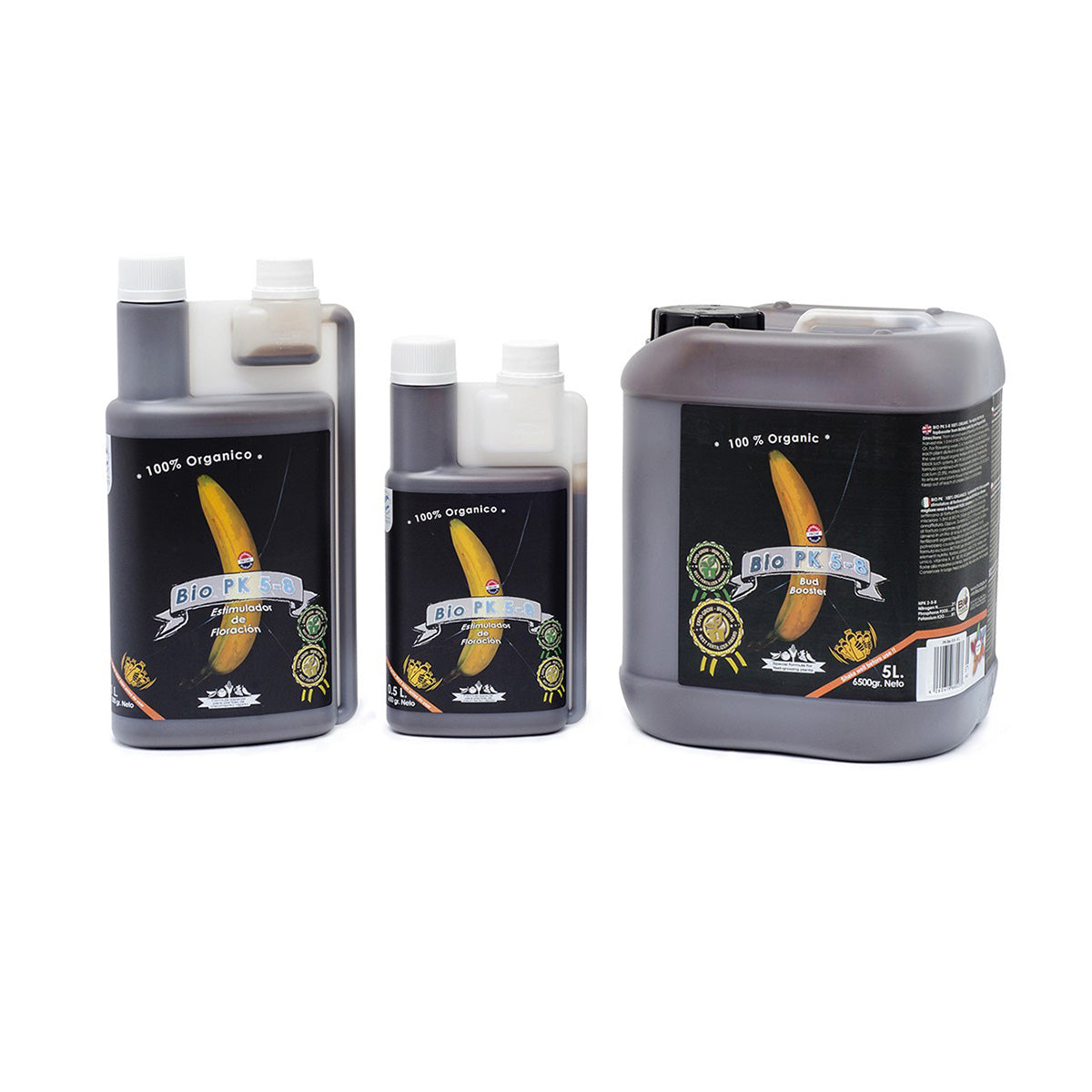 Biotabs Bio PK 5-8 Bio-Dünger von der Marke BIO Tabs. Produkte in drei verschiedenen Mengen und in milchig transparenten Behältern vor einem weißen Hintergrund.