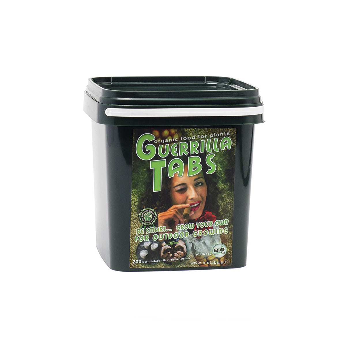 Guerrilla Tabs von der Marke BIO Tabs in einem dunkelgrünen Kunststoffbehälter mit zweihundert Stück Tabs. Das Produkt ist vor einem weißen Hintergrund.