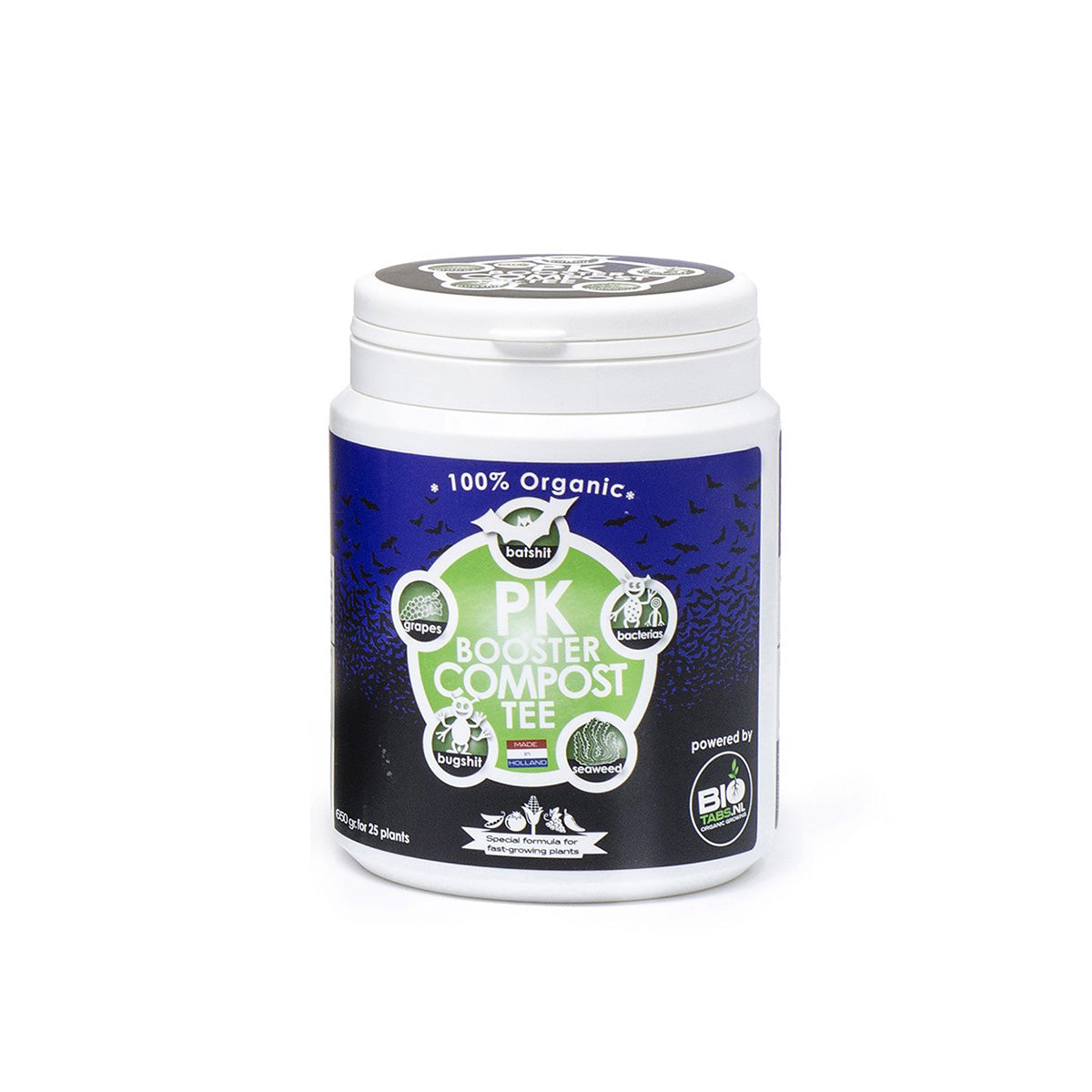 PK Booster Compost Tee in einer kleinen Kunststoff Dose. Die Menge ist 650 Gramm. Das Produkt ist von der Marke Bio Tabs.