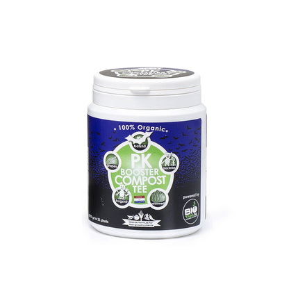PK Booster Compost Tee in einer kleinen Kunststoff Dose. Die Menge ist 650 Gramm. Das Produkt ist von der Marke Bio Tabs.