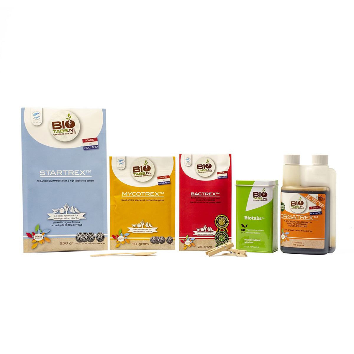 Produkt der Marke Bio Tabs. Inhalt des Starterpacks in einer Reihe aufgestellt. Fünf Inhalte sind auf dem Bild auf einem weißen Hintergrund.