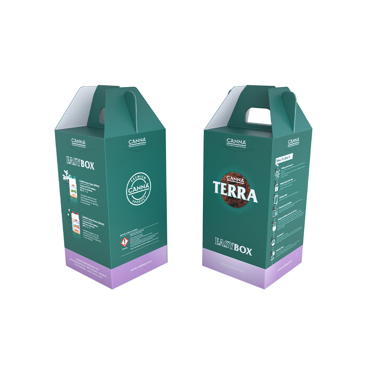 CANNA TERRA Easybox von der Marke CANNA. Zwei Boxen in der Farbe dunkelgrün mit einem lila Balken am unteren Teil der Boxen. Die Produkte sind auf einem weißen Hintergrund.