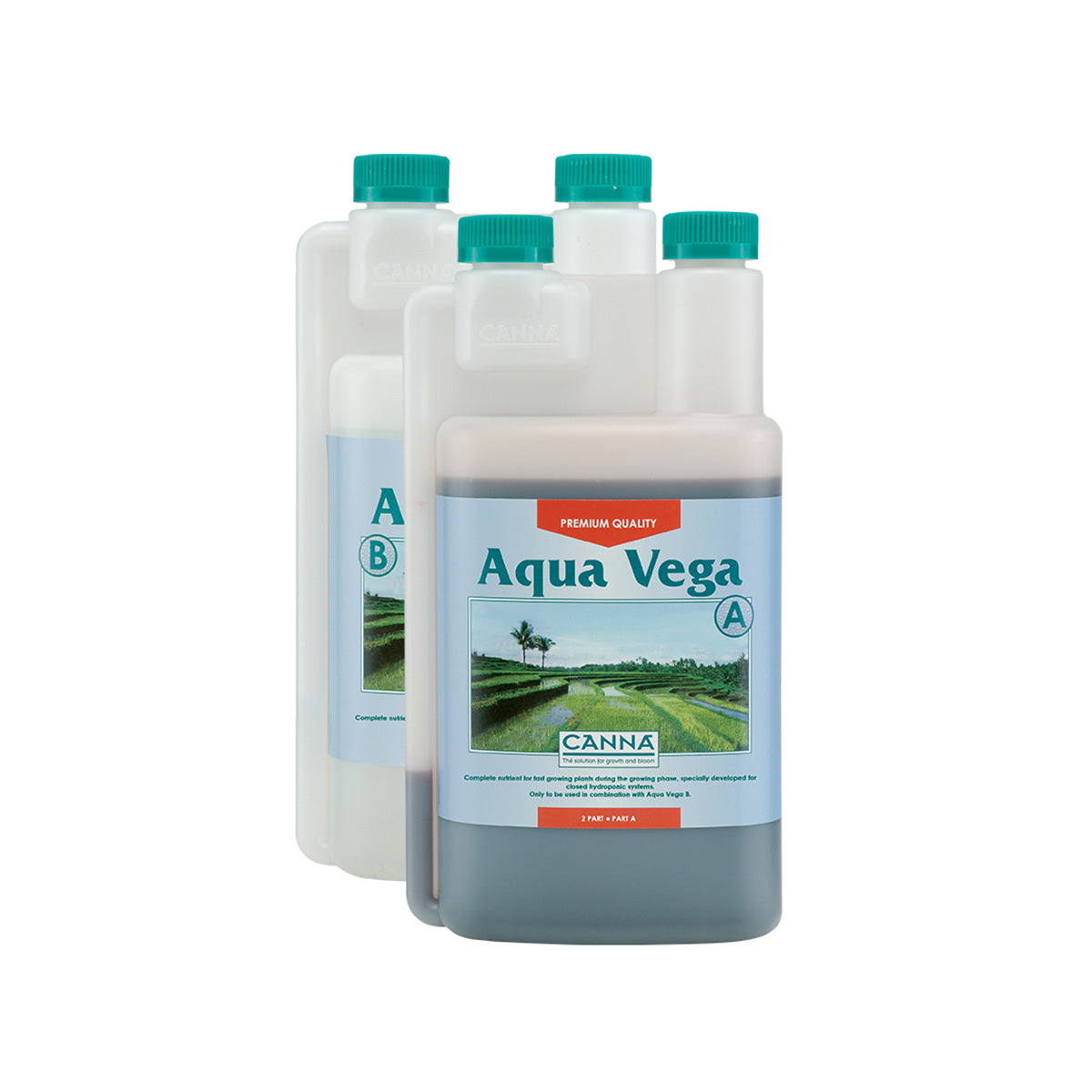Zwei Flaschen Canna Aqua Vega A+B Hydro-Dünger in milchig transparenten Flaschen mit je zwei grünen Deckeln. Auf einem weißen Hintergrund.