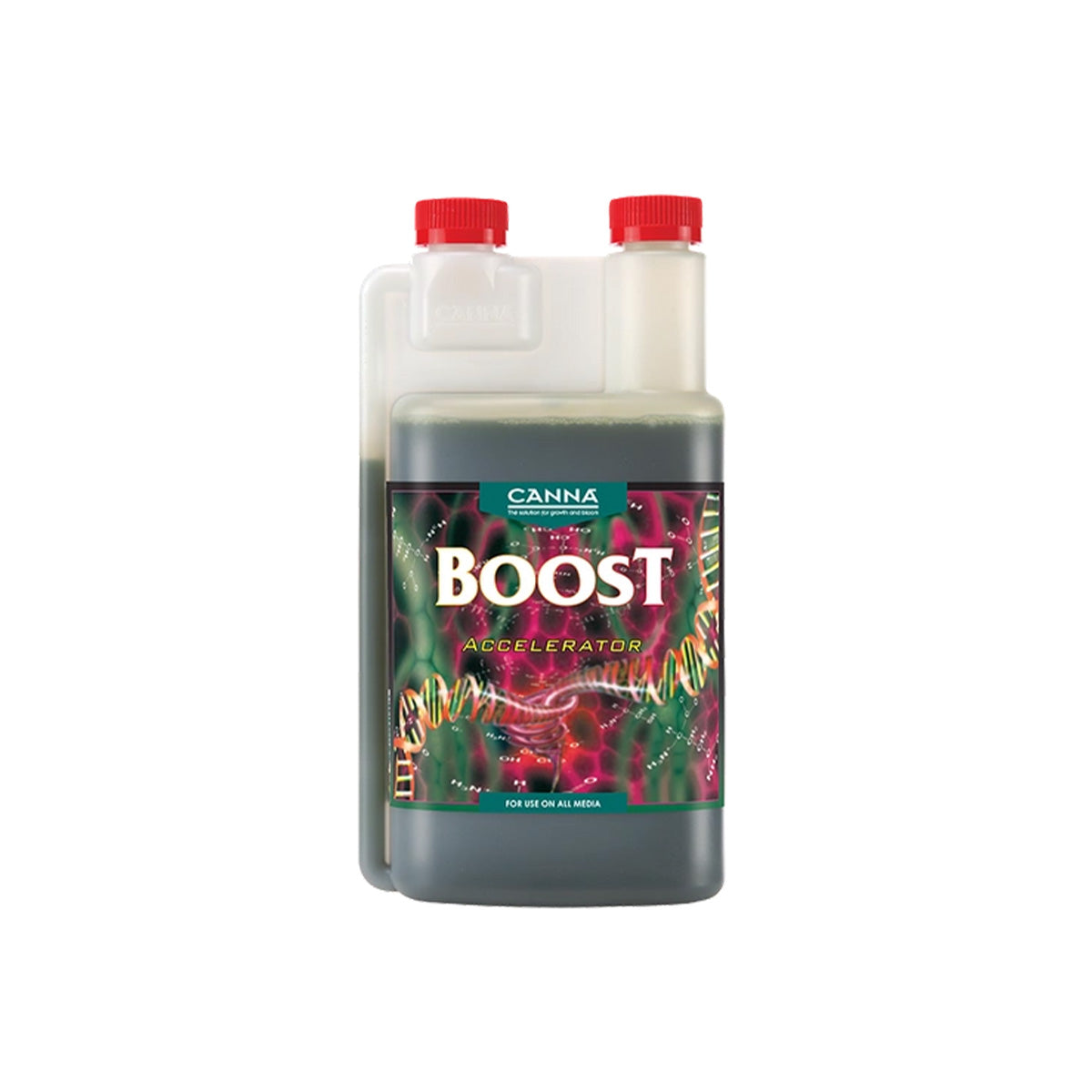 Pflanzenhilfsmittel Canna Boost von der Marke Canna in einem milchig transparenten Kunststoffbehälter mit Etikett und rotem Schraubdeckel vor einem weißen Hintergrund.