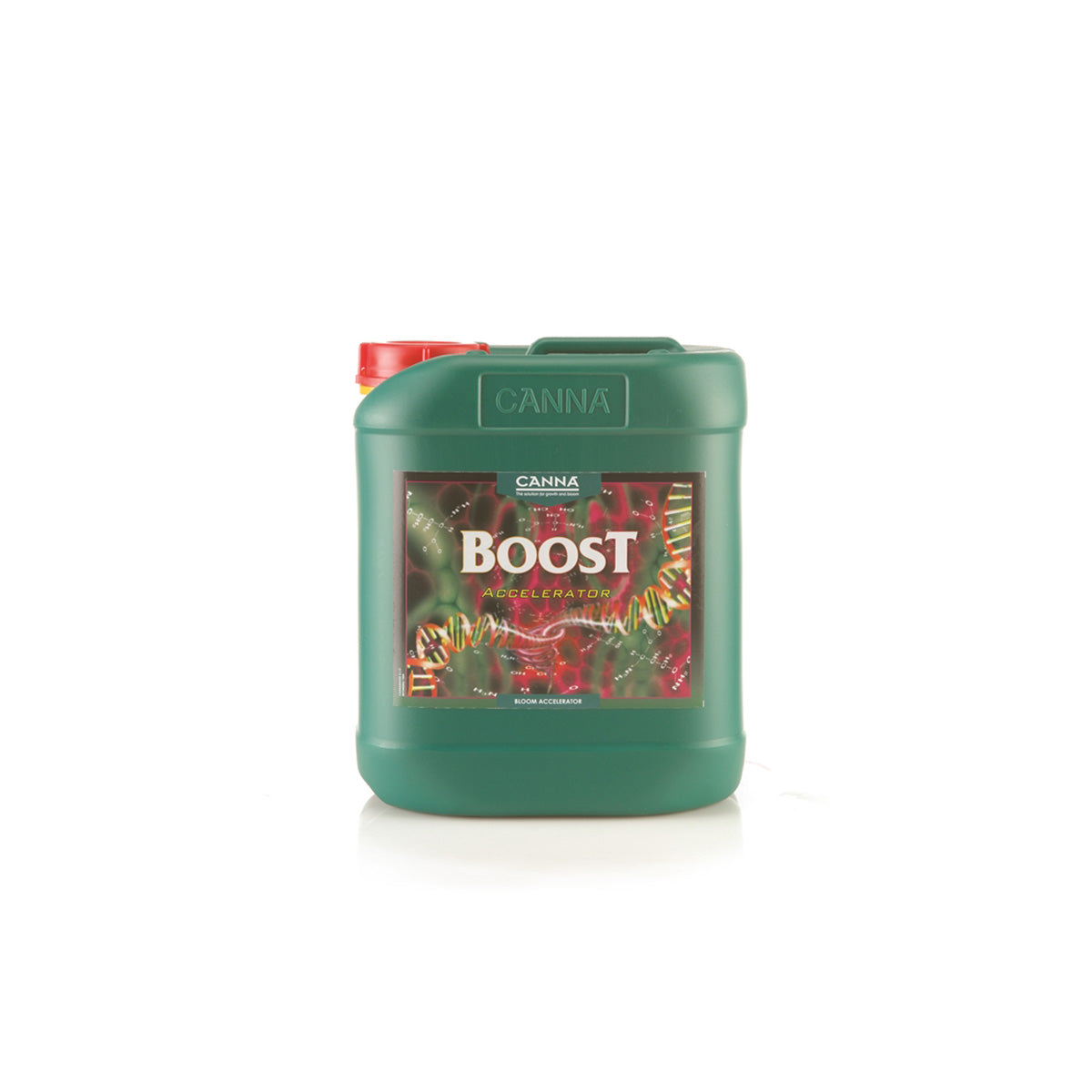 Pflanzenhilfsmittel Canna Boost von der Marke Canna in einem grünen Kunststoffkanister mit Etikett und rotem Schraubdeckel vor einem weißen Hintergrund.