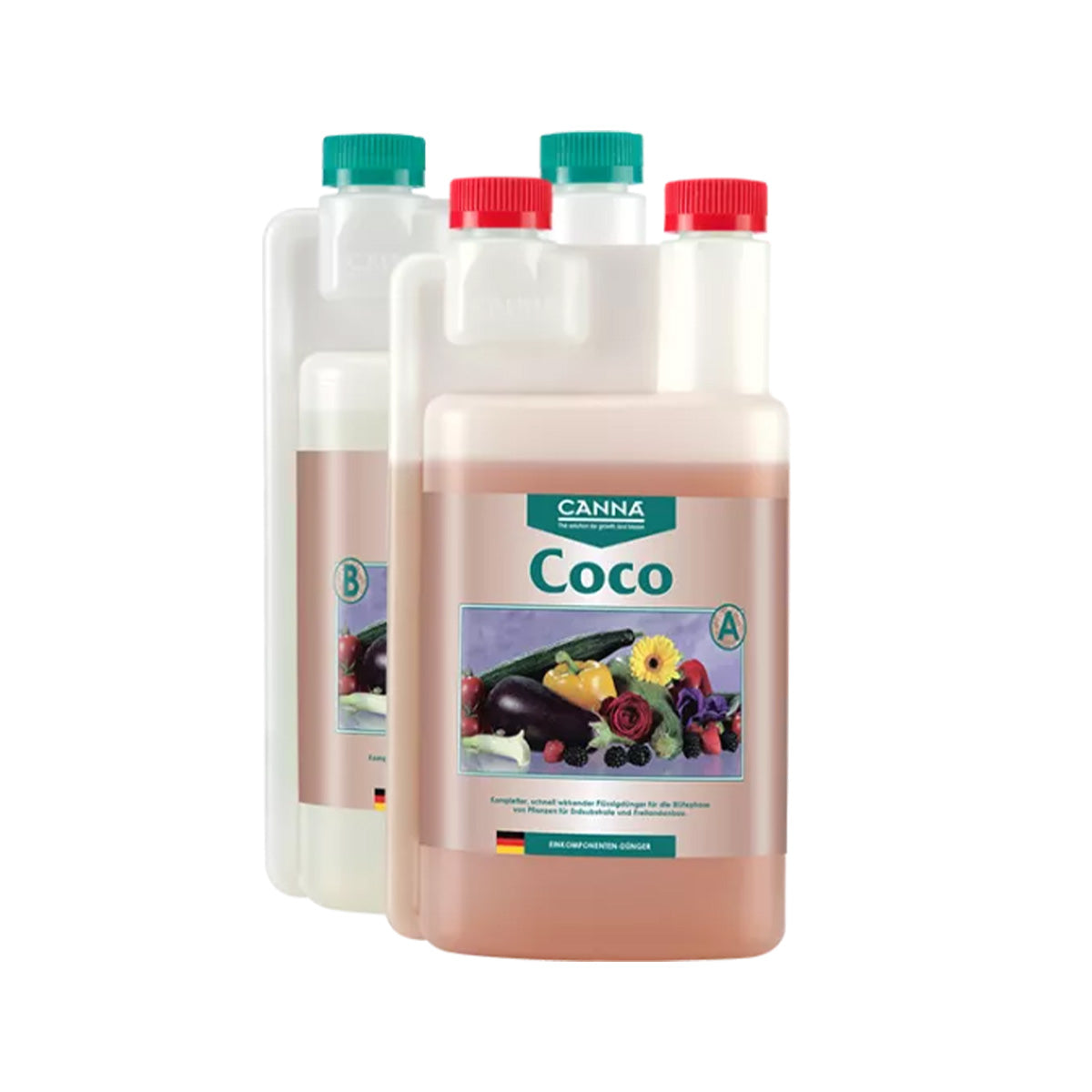 Canna Coco A+B Coco-Dünger. Zwei milchig, transparente Flaschen. Die vordere Flasche hat einen roten Deckel, die hintere Flasche hat einen grünen Deckel. Auf weißem Hintergrund.