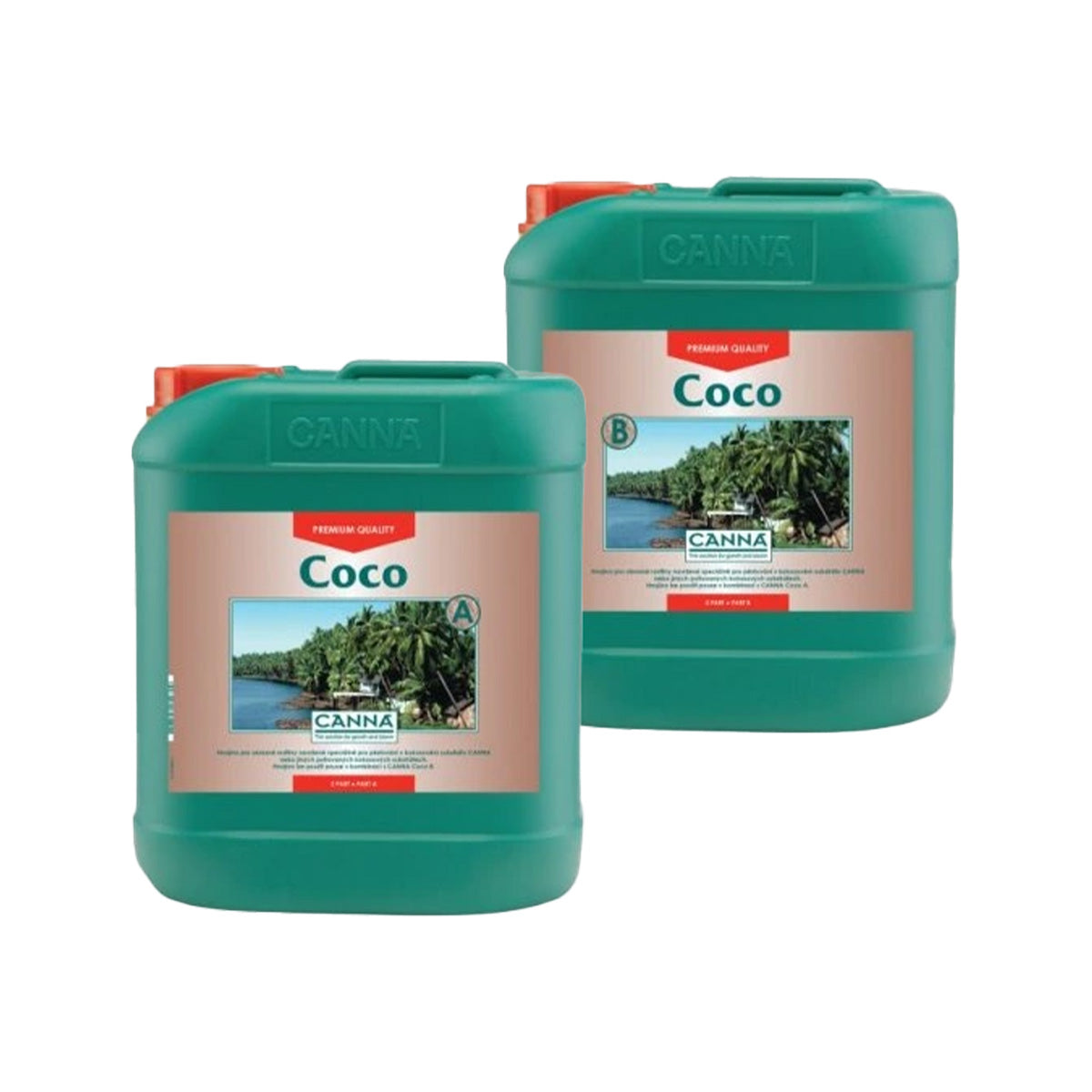 Canna Coco A+B Coco-Dünger. Zwei grüne Kanister mit roten Deckeln. Im Vordergrund steht das Coco-Dünger A, im Hintergrund steht das Coco-Dünger B. Auf weißem Hintergrund.