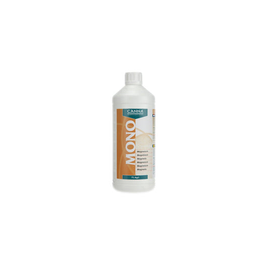 Pflanzenhilfsmittel Canna Mono Magnesium (MgO 7%) 1 L von der Marke Canna in einer weißen ein Liter Kunststoff mit orangenem Etikett und weißem Schraubdeckel vor einem weißen Hintergrund