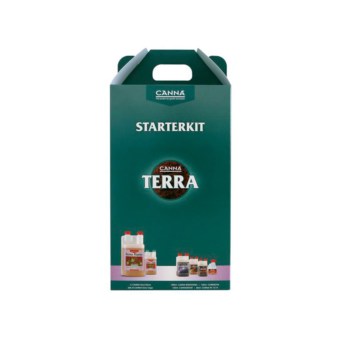 Ein Starterkit von der Marke CANNA. Die Verpackung ist dunkelgrün, mittig ist die Aufschrift "CANNA TERRA" platziert. Das Produkt befindet sich vor einem weißen Hintergrund.