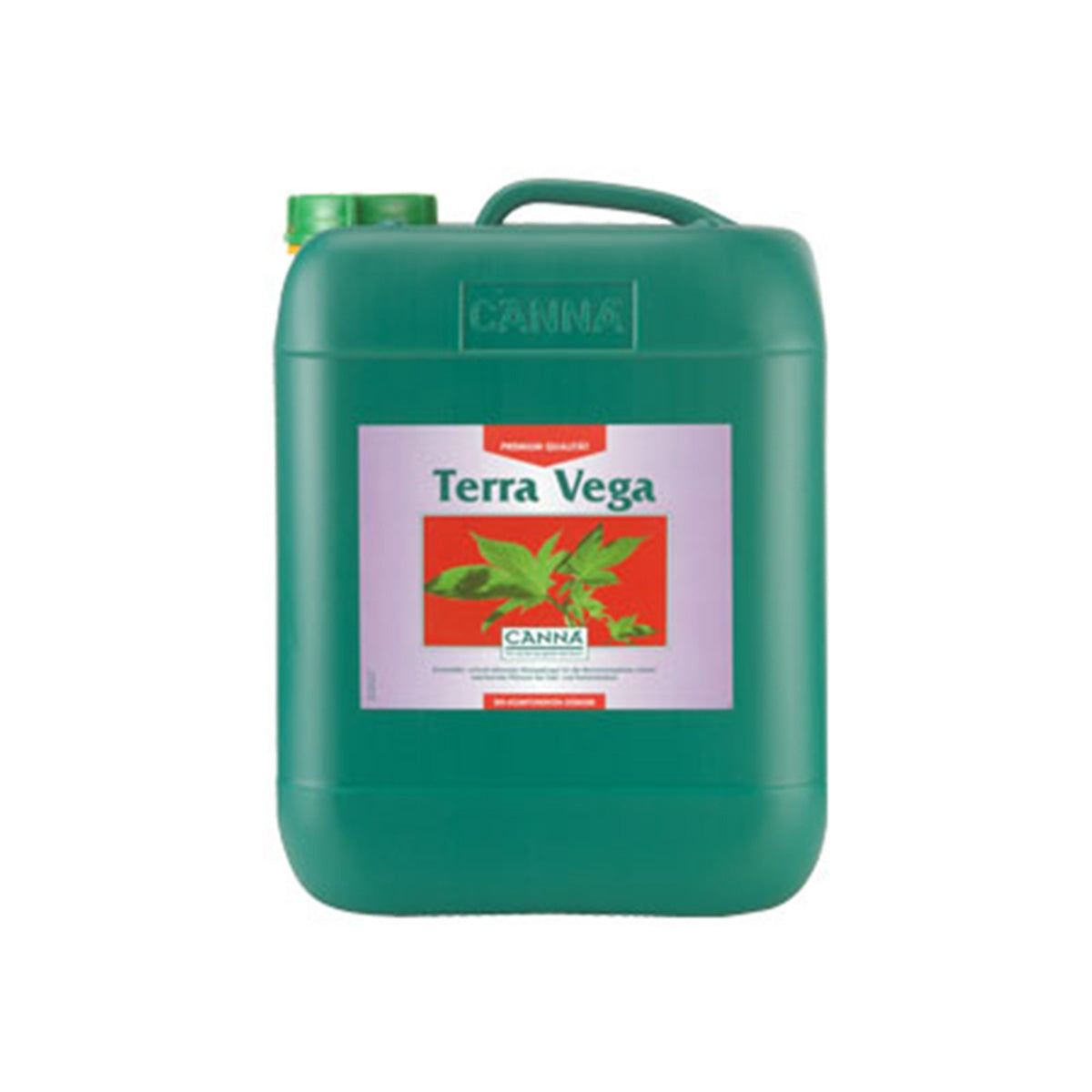 Canna Terra Vega Erde-Dünger von der Marke CANNA. Grüner Kunststoffbehälter mit grünem Deckel vor einem weißen Hintergrund. 