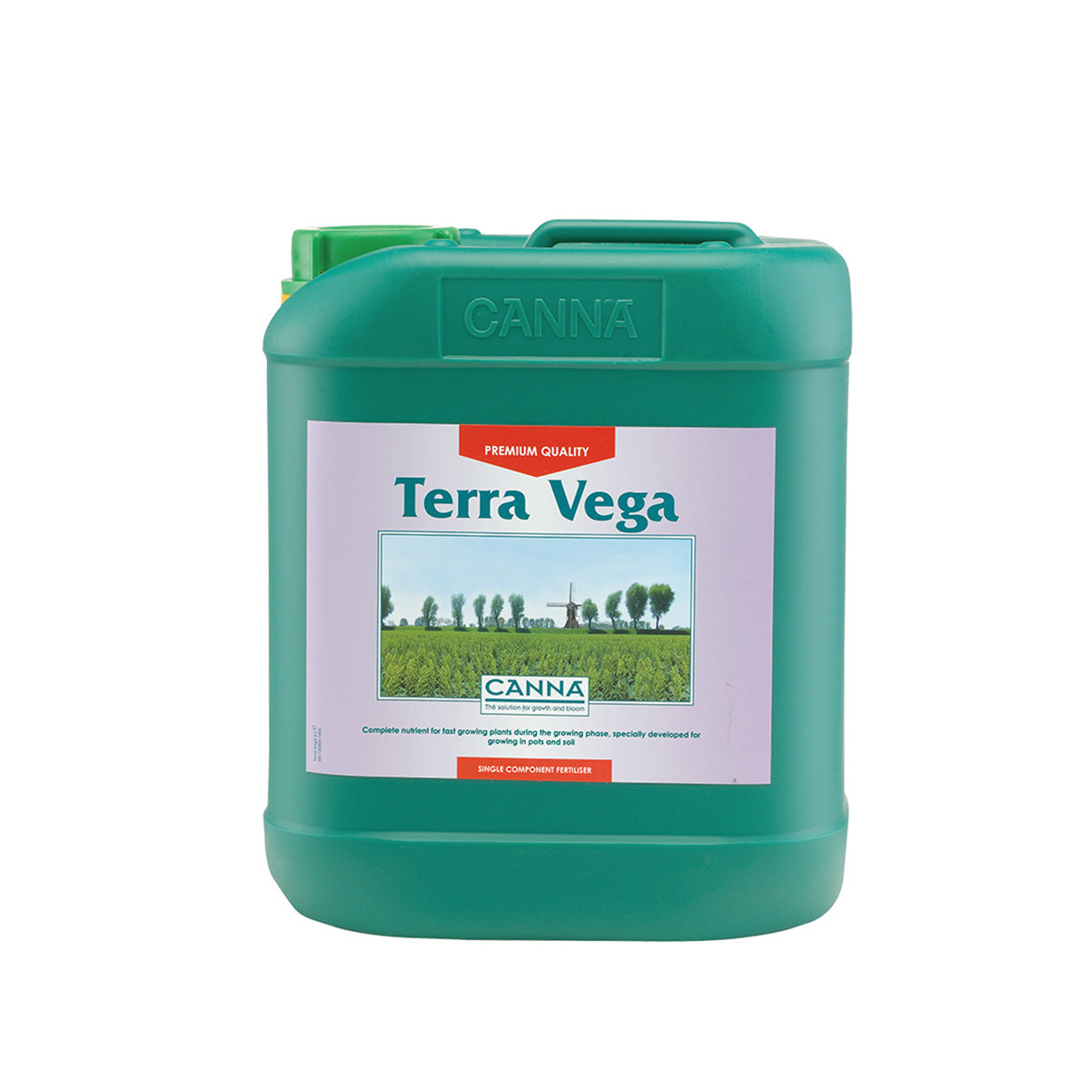 Canna Terra Vega Erde-Dünger von der Marke CANNA. Grüner Kunststoffbehälter mit grünem Deckel vor einem weißen Hintergrund. 