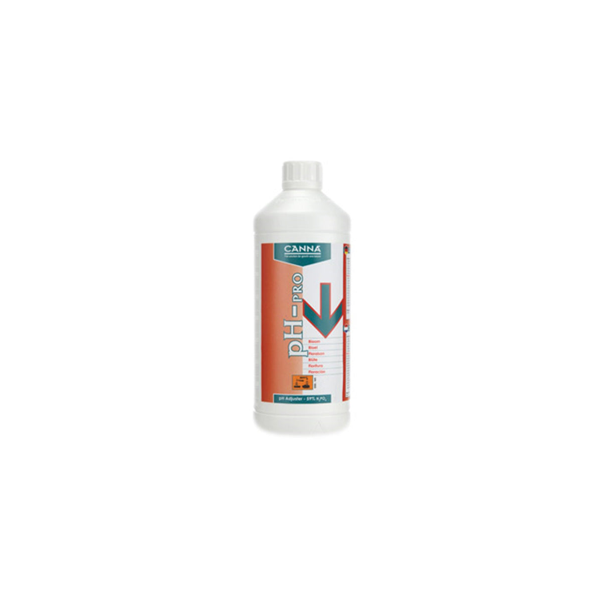 PH-Regulator „Canna pH- Blüte Pro 1L“ für Pflanzen-Anzucht von der Marke Canna. Weiße Kunststoffflasche mit Etikett vor einem weißen Hintergrund.
