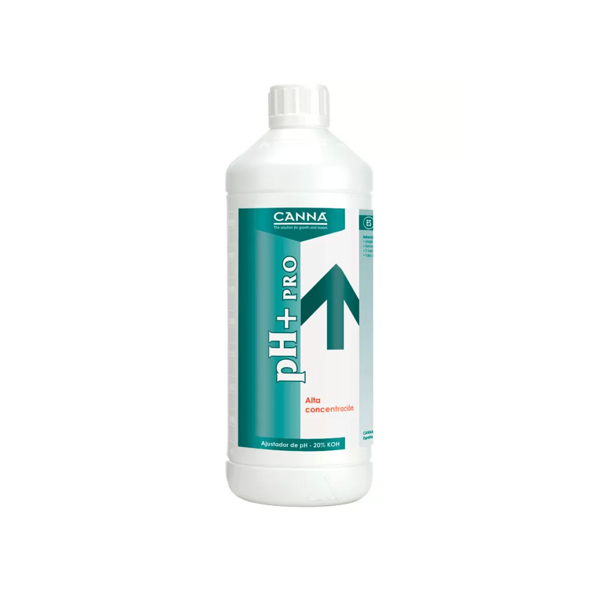 PH-Regulator „Canna pH Plus Pro 1L“ für Pflanzen-Anzucht von der Marke Canna. Weiße Kunststoffflasche mit Etikett vor einem weißen Hintergrund.