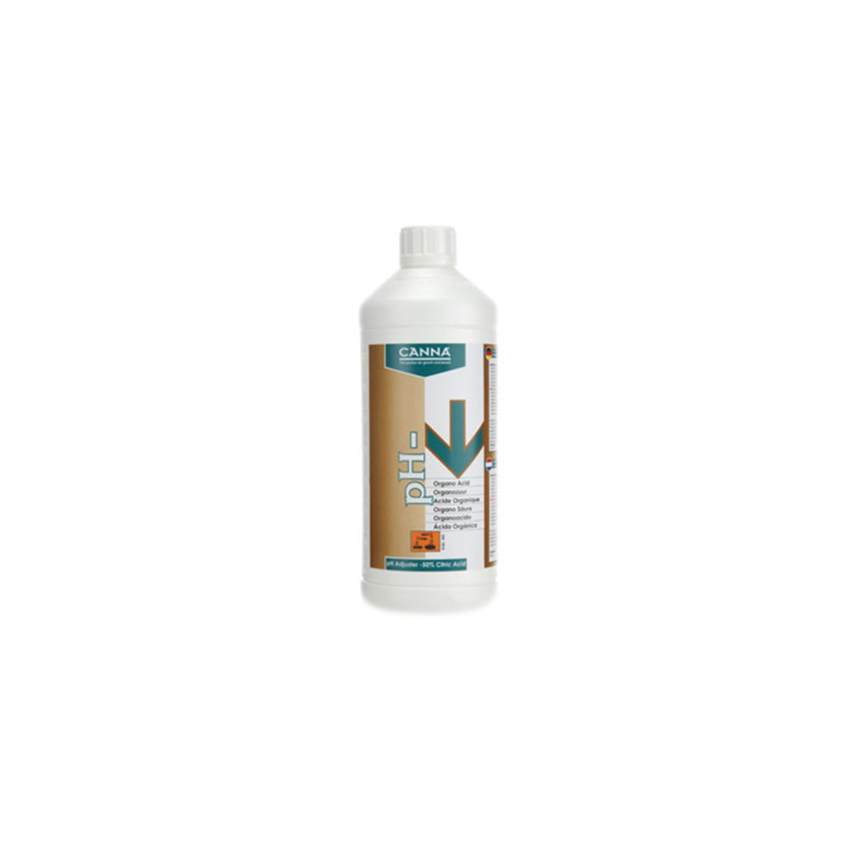 PH-Regulator „Canna Organo Säure 1 L“ für Pflanzen-Anzucht von der Marke Canna. Weiße Kunststoffflasche mit Etikett vor einem weißen Hintergrund.