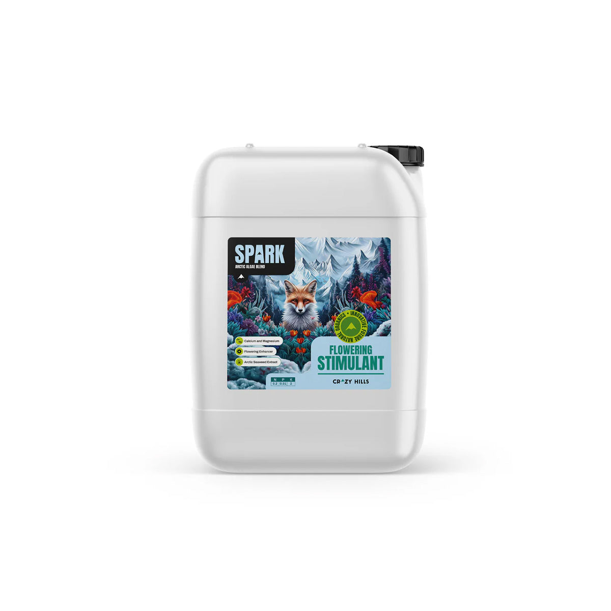 Pflanzenhilfsmittel „Spark“ von der Marke Crazy Hills. Weißer Kunststoffbehälter mit buntem Motiv von einem Fuchs in einer Landschaft mit Bergen, schwarzer Deckel, vor einem weißen Hintergrund.