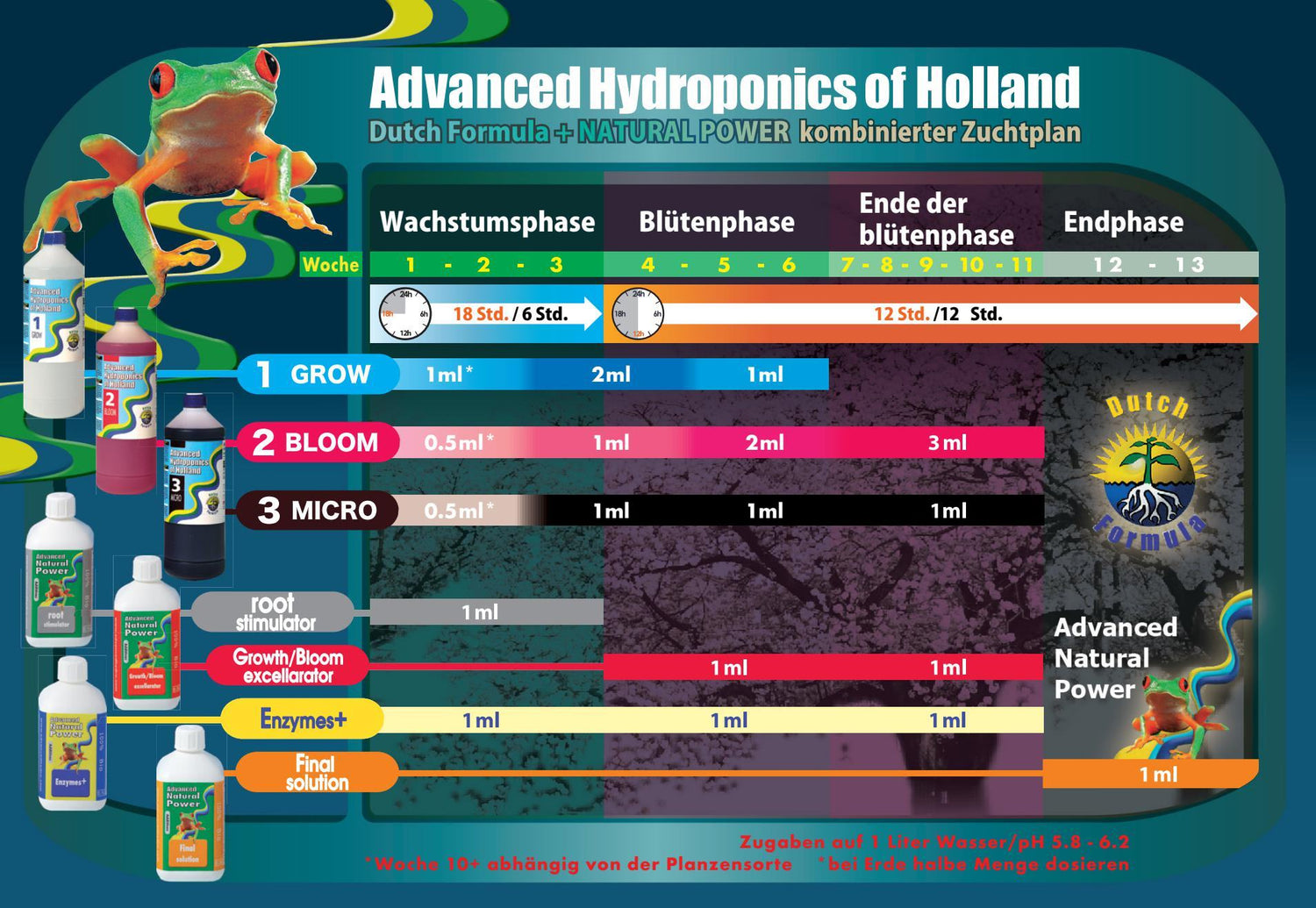 Das Bild zeigt ein Düngeschema vom Unternehmen Advanced Hydroponics. Auf der Grafik sind Produkte von der Marke auf der linken Seite. Mittig werden die Informationen zum Düngen erklärt. Links oben sitzt ein grüner Frosch mit roten Augen.