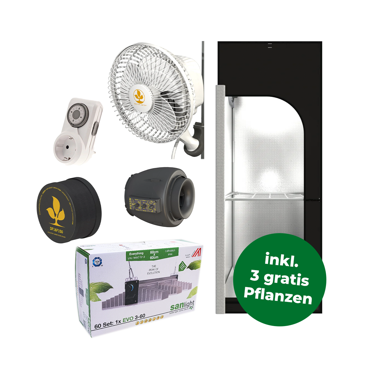 Komplettes Growzelt-Set mit einem Zelt, Extraktor, Filter, Zeitschaltuhr, LED Beleuchtung und Ventilator und einem grünen Störer mit der Info dass es drei gratis Pflanzen dazu gibt.
